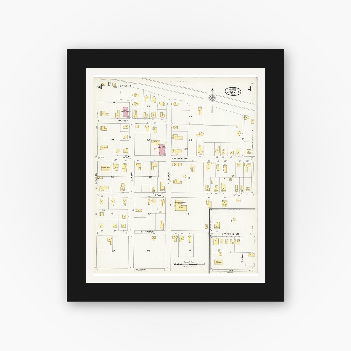 Old map wall art mockup — black gallery frame with white mat — Sanborn Fire Insurance Map from Lake City, Columbia County, Florida (1924), Sheet #0004