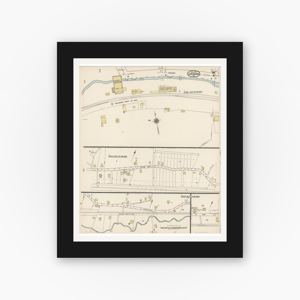 Old map wall art mockup — black gallery frame with white mat — Sanborn Fire Insurance Map from Coeburn, Wise County, Virginia (1922), Sheet #0007