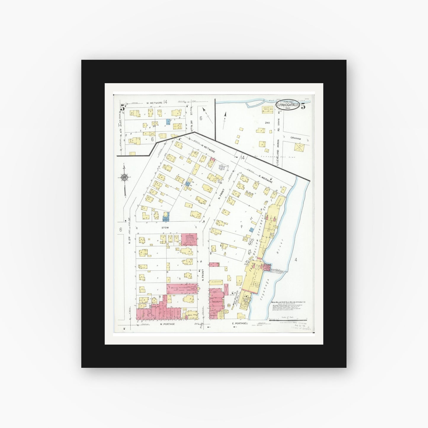 Old map wall art mockup — black gallery frame with white mat — Sanborn Fire Insurance Map from Cuyahoga Falls, Summit County, Ohio (1927), Sheet #0005