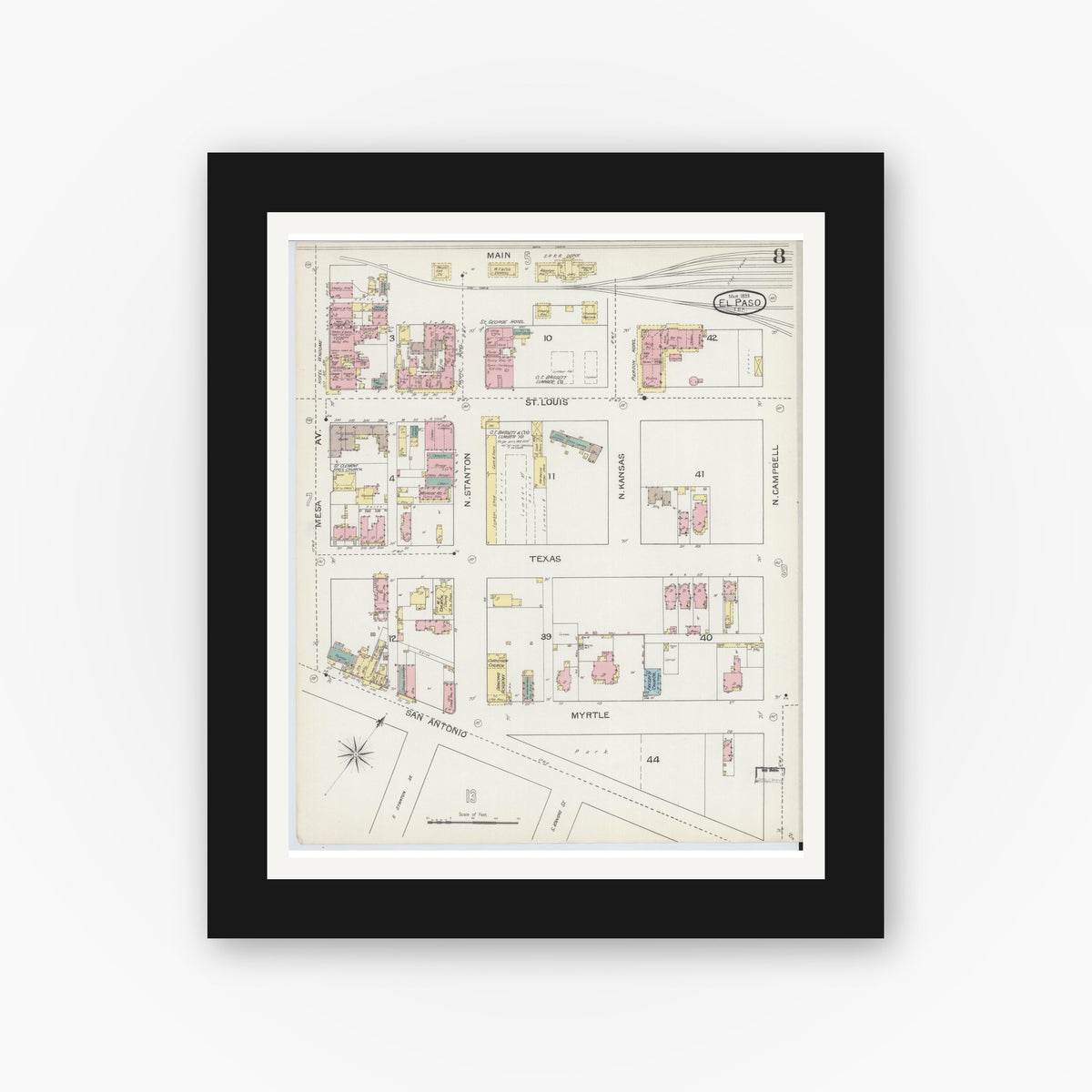 Old map wall art mockup — black gallery frame with white mat — Sanborn Fire Insurance Map from El Paso, El Paso County, Texas (1893), Sheet #0008