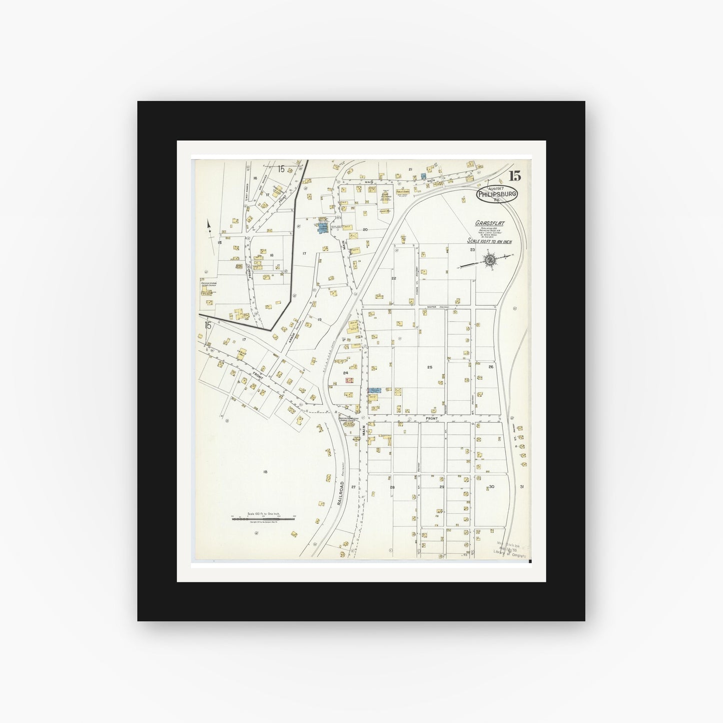 Old map wall art mockup — black gallery frame with white mat — Sanborn Fire Insurance Map from Philipsburg, Centre County, Pennsylvania (1917), Sheet #0015