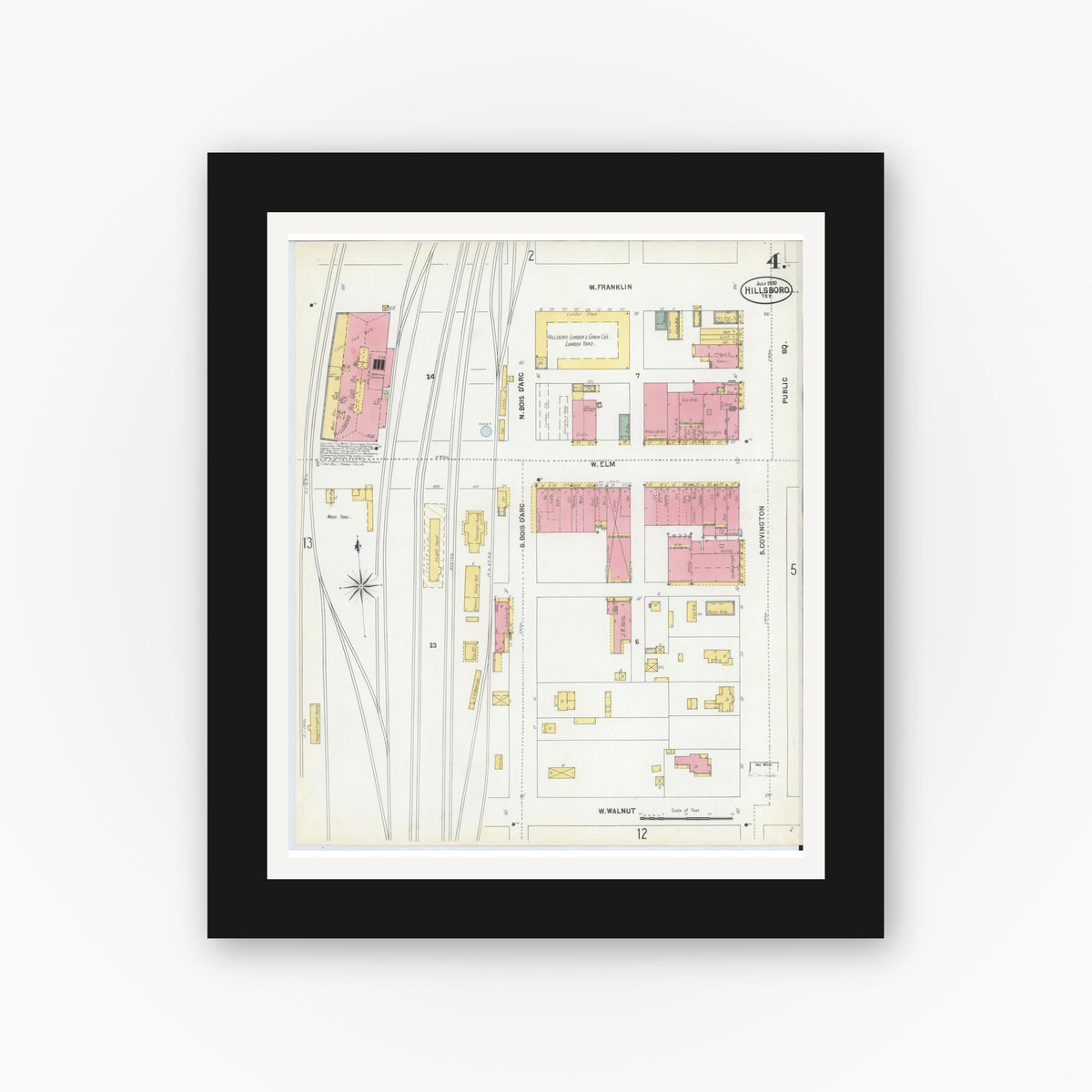 Old map wall art mockup — black gallery frame with white mat — Sanborn Fire Insurance Map from Hillsboro, Hill County, Texas (1900), Sheet #0004