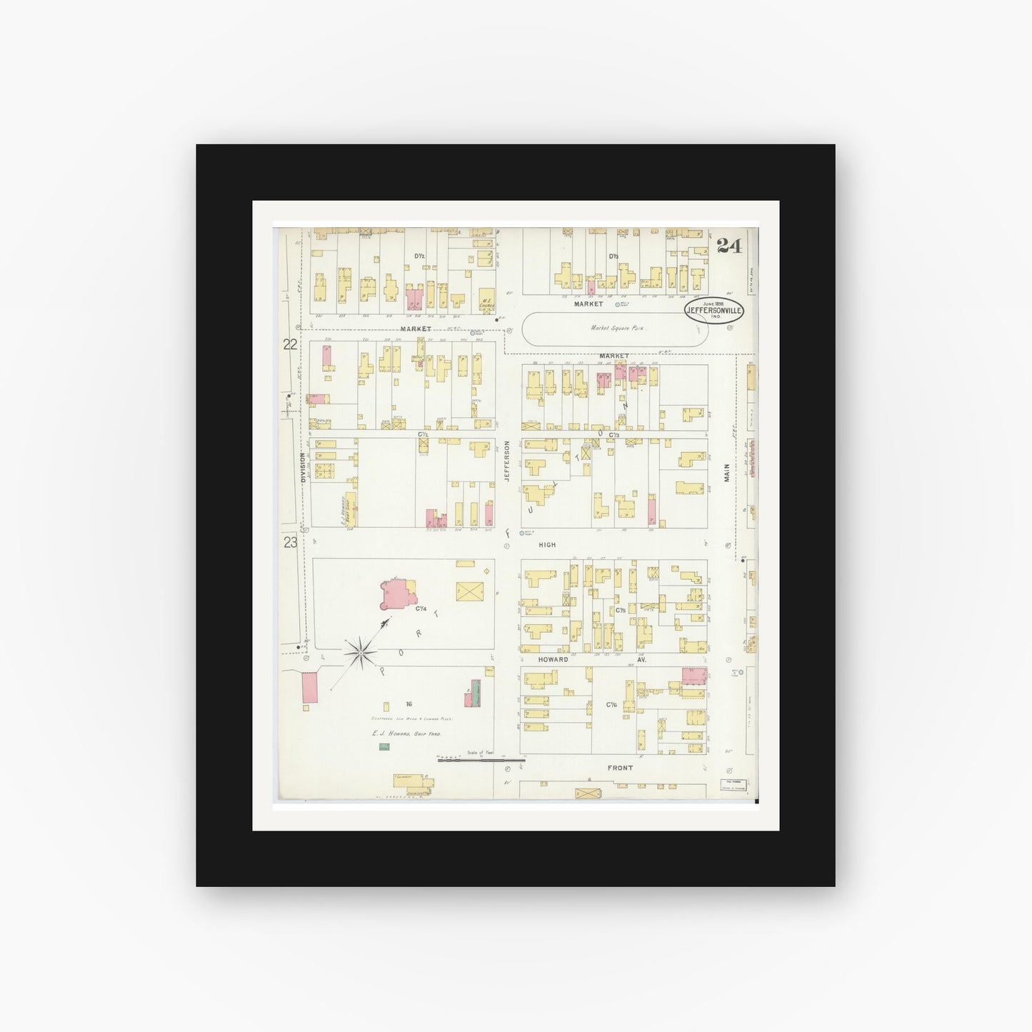 Old map wall art mockup — black gallery frame with white mat — Sanborn Fire Insurance Map from Jeffersonville, Clark County, Indiana (1898), Sheet #0024