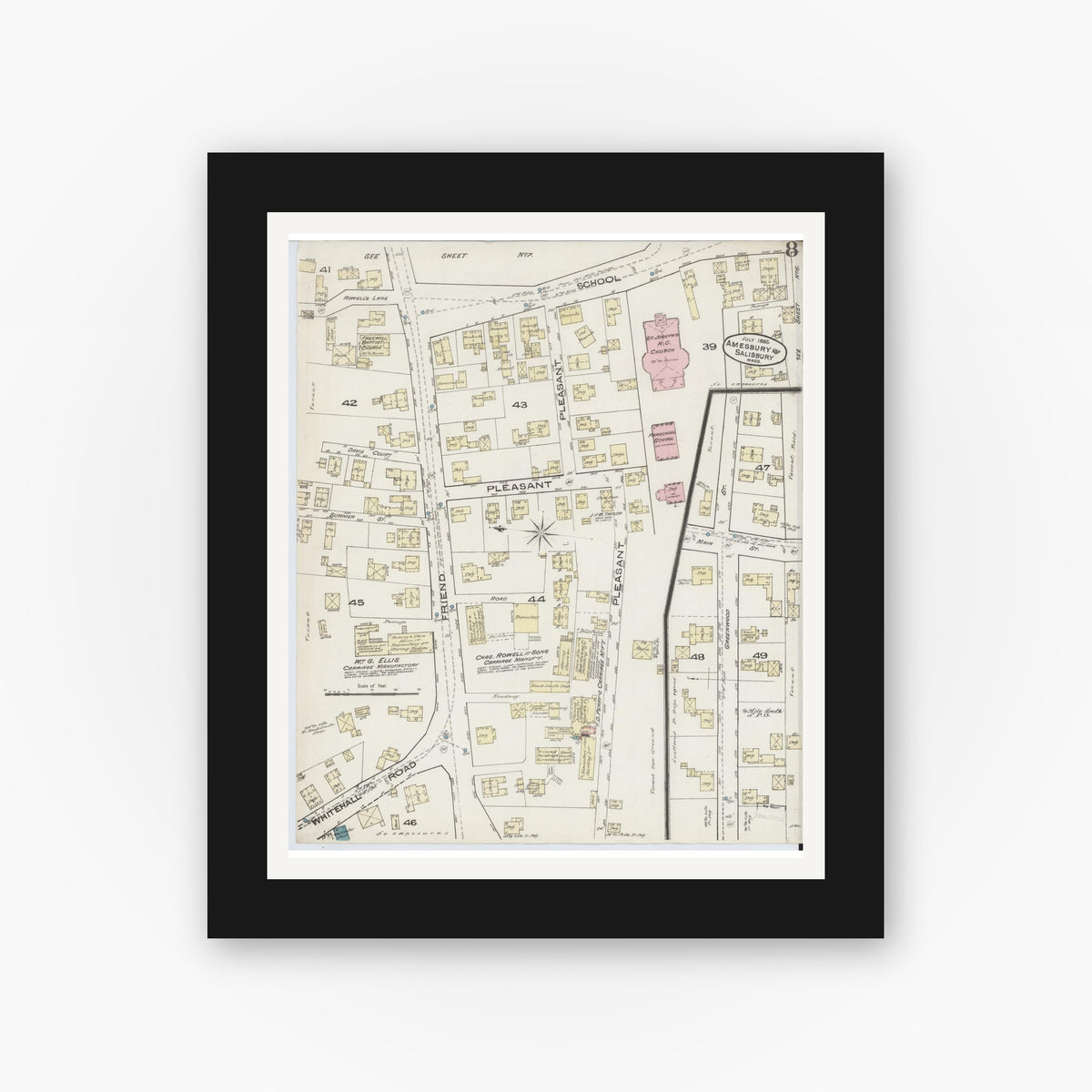 Old map wall art mockup β black gallery frame with white mat β Sanborn Fire Insurance Map from Amesbury, Essex County, Massachusetts (1885), Sheet #0008