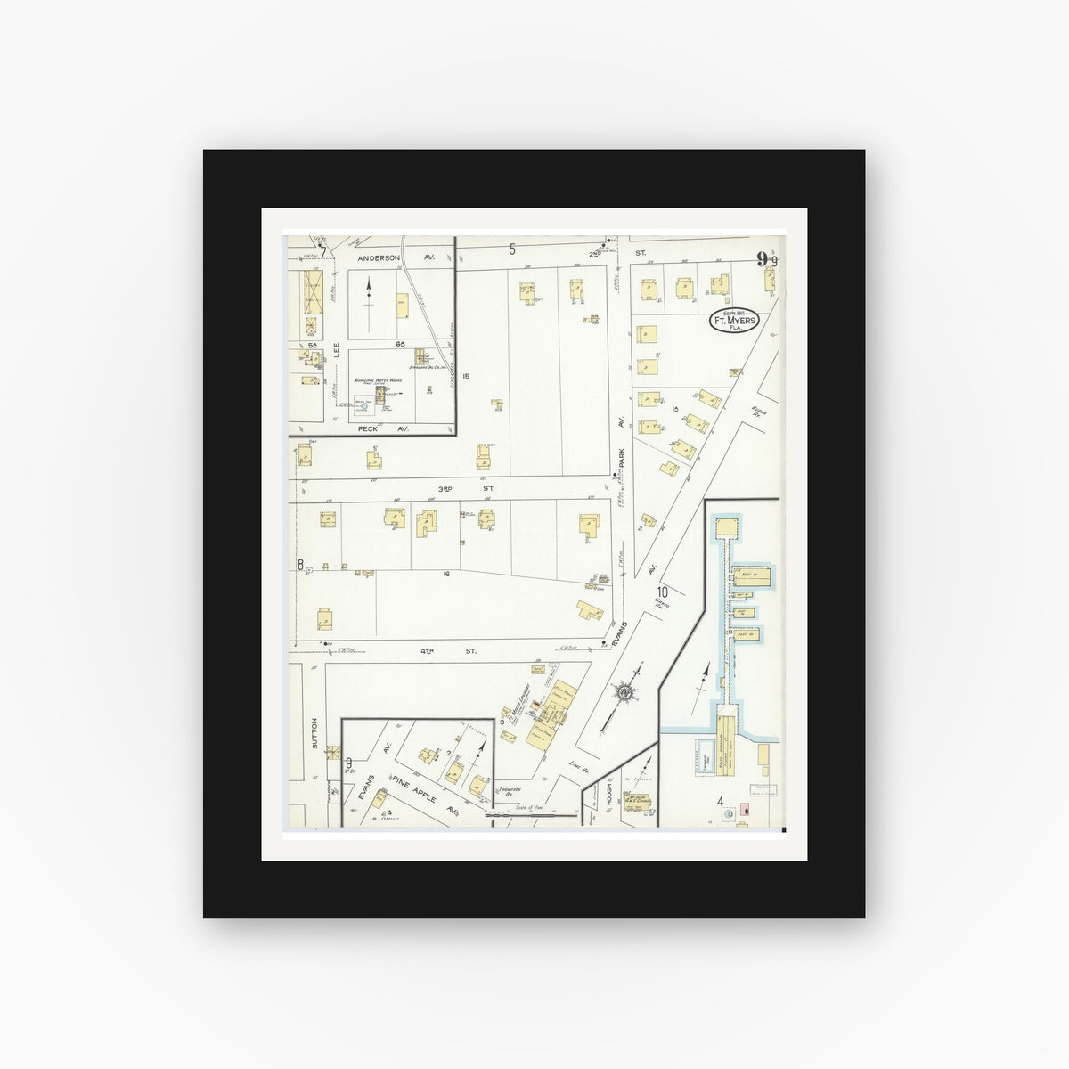 Old map wall art mockup — black gallery frame with white mat — Sanborn Fire Insurance Map from Fort Myers, Lee County, Florida (1914), Sheet #0009
