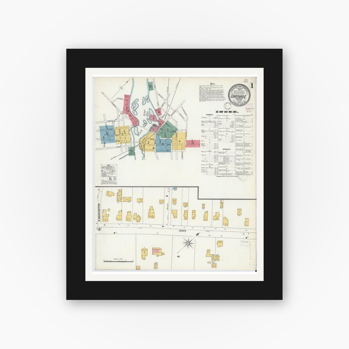 Old map wall art mockup — black gallery frame with white mat — Sanborn Fire Insurance Map from Carthage, Jefferson County, New York (1902) - Complete Map Set