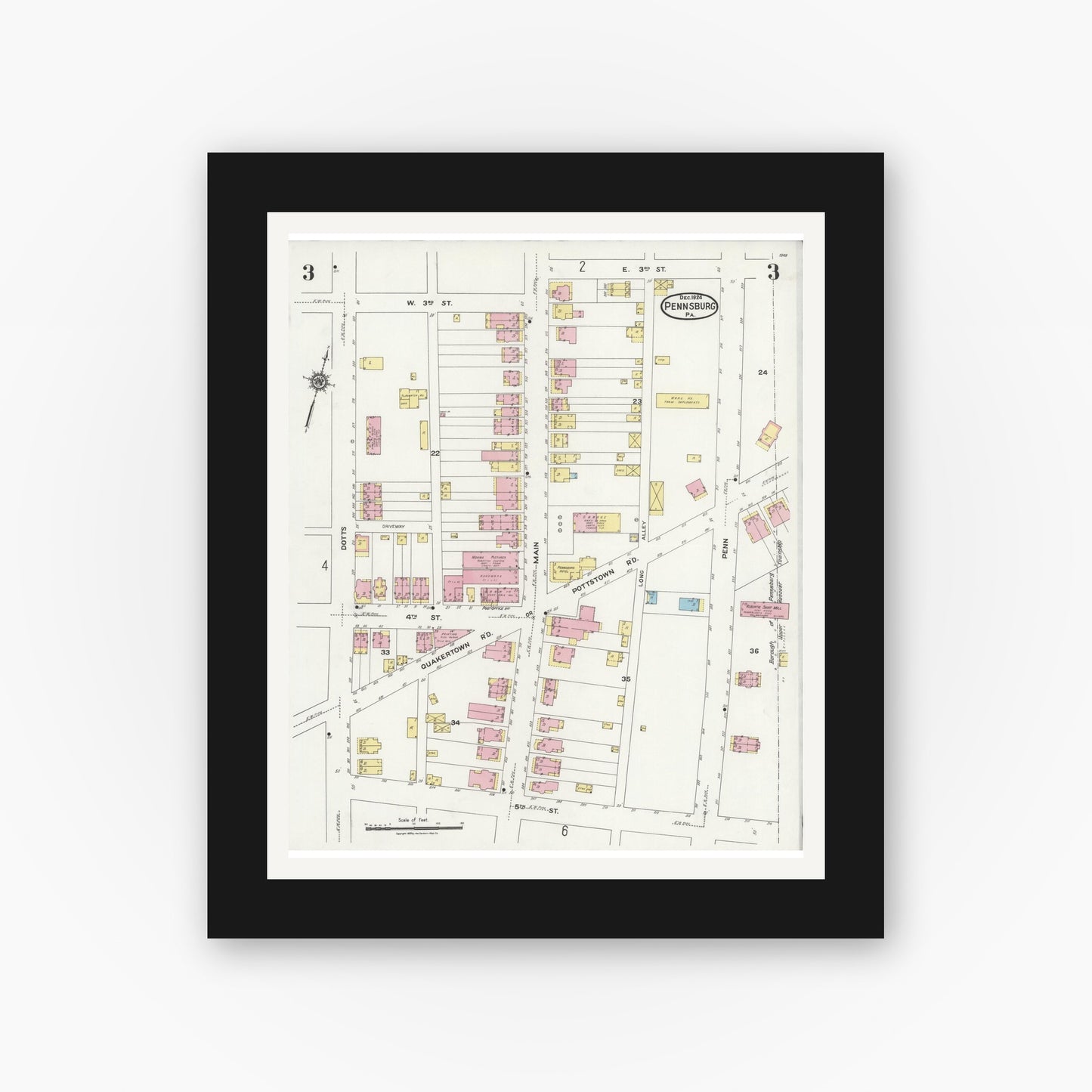 Old map wall art mockup — black gallery frame with white mat — Sanborn Fire Insurance Map from Pennsburg, Montgomery County, Pennsylvania (1924), Sheet #0003