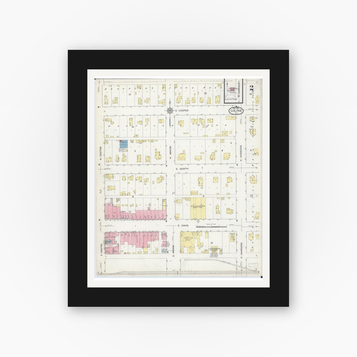 Old map wall art mockup — black gallery frame with white mat — Sanborn Fire Insurance Map from Colfax, McLean County, Illinois (1914), Sheet #0002