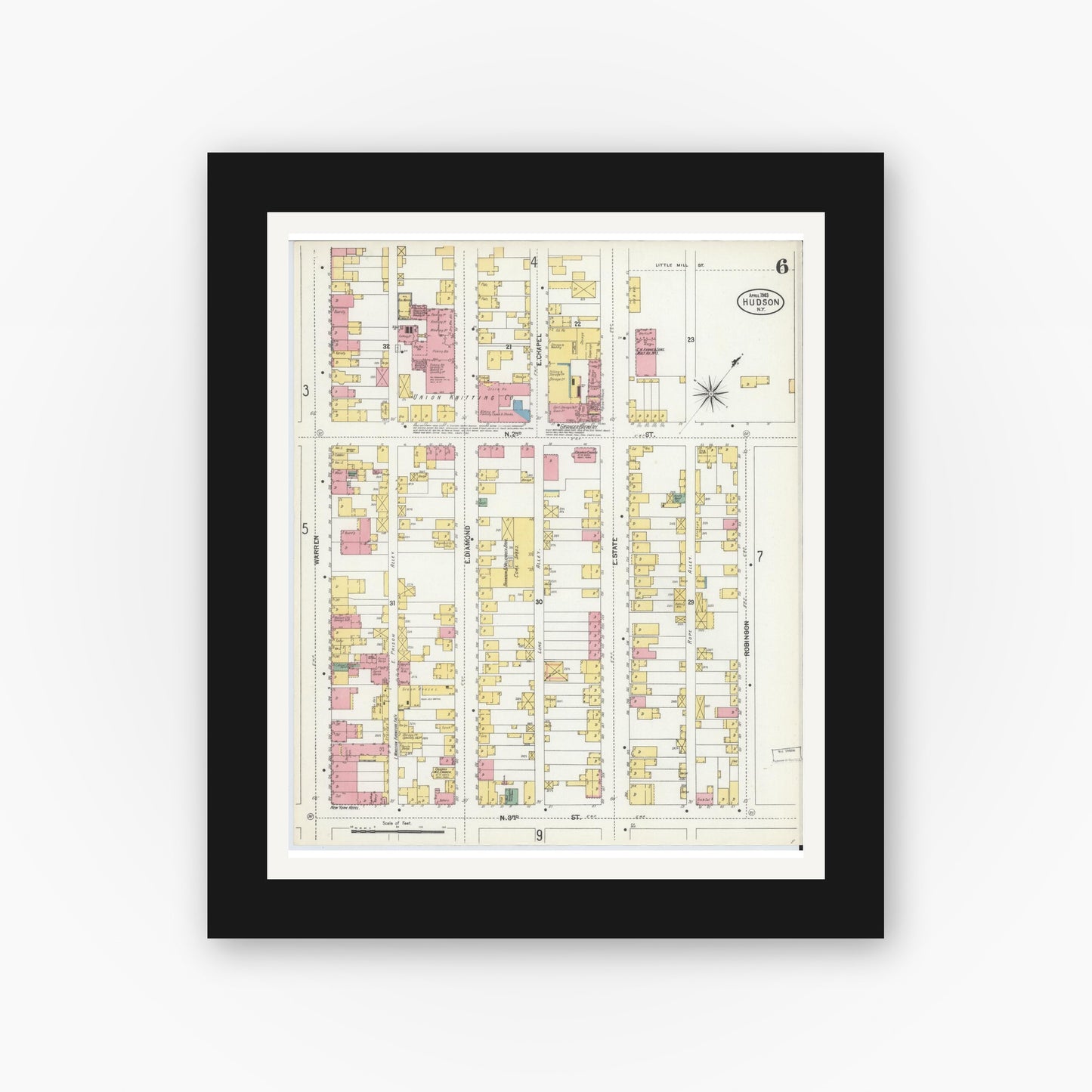 Old map wall art mockup — black gallery frame with white mat — Sanborn Fire Insurance Map from Hudson, Columbia County, New York (1903), Sheet #0006