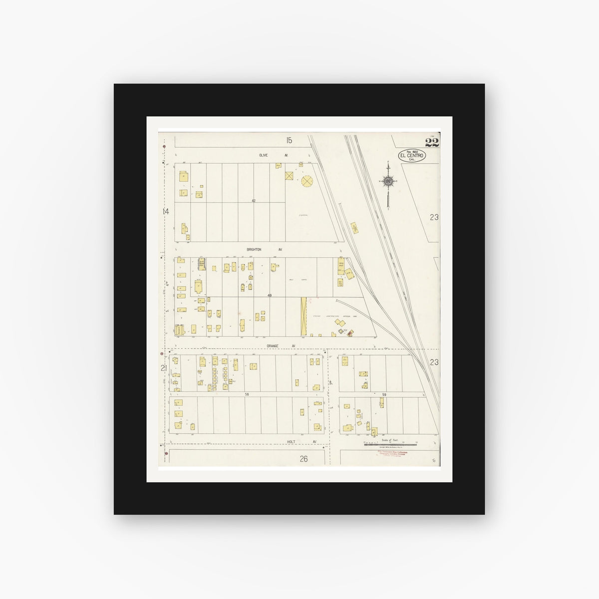 Old map wall art mockup — black gallery frame with white mat — Sanborn Fire Insurance Map from El Centro, Imperial County, California (1922), Sheet #0022