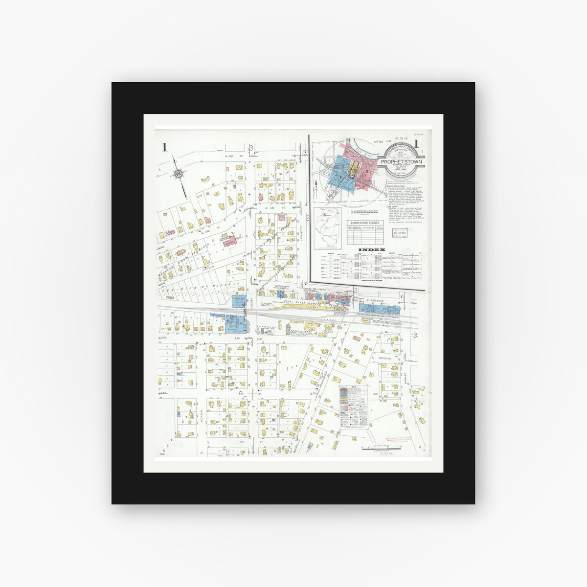 Old map wall art mockup — black gallery frame with white mat — Sanborn Fire Insurance Map from Prophetstown, Whiteside County, Illinois (1934), Sheet #0001
