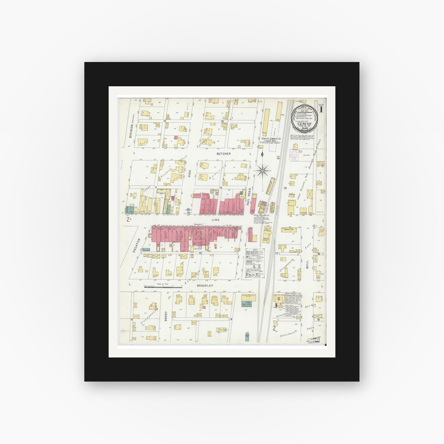 Old map wall art mockup — black gallery frame with white mat — Sanborn Fire Insurance Map from Geneva, Adams County, Indiana (1901), Sheet #0001