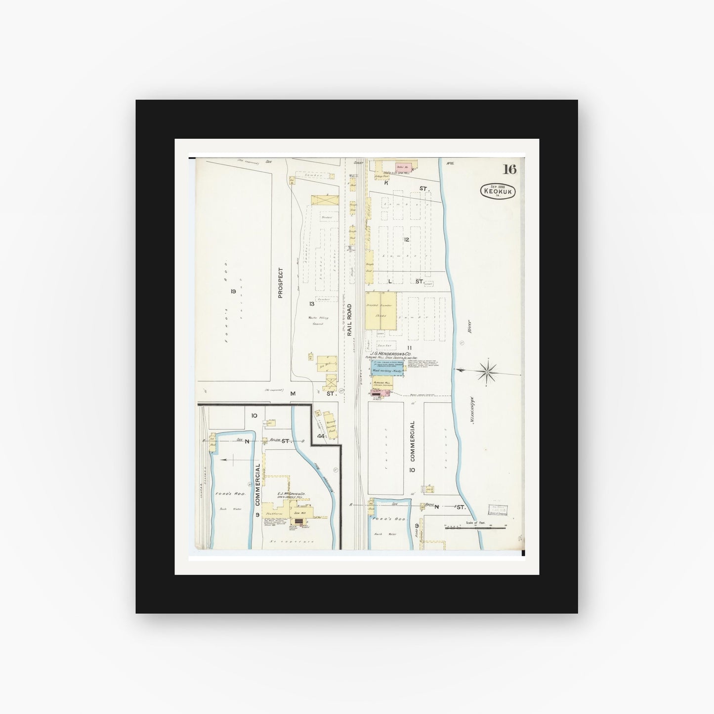 Old map wall art mockup β black gallery frame with white mat β Sanborn Fire Insurance Map from Keokuk, Lee County, Iowa (1888), Sheet #0016