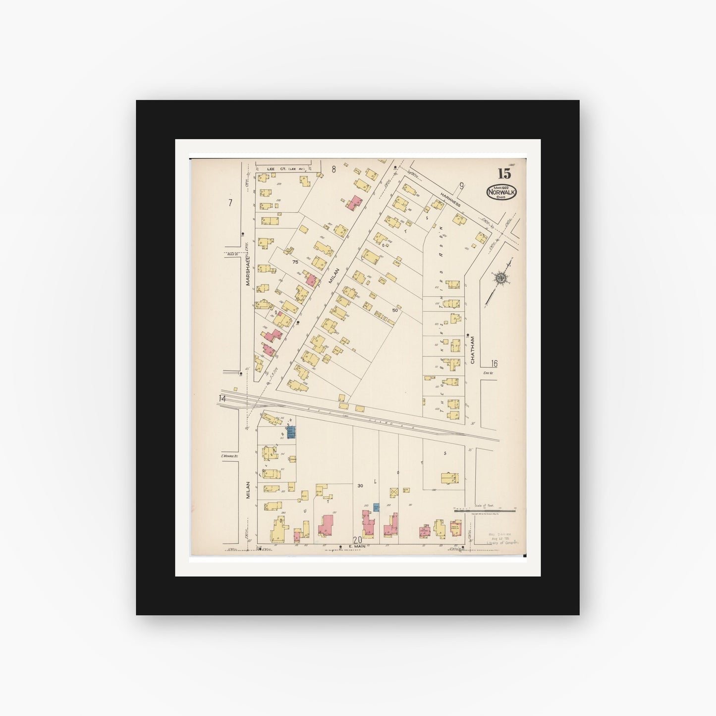 Old map wall art mockup — black gallery frame with white mat — Sanborn Fire Insurance Map from Norwalk, Huron County, Ohio (1922), Sheet #0015