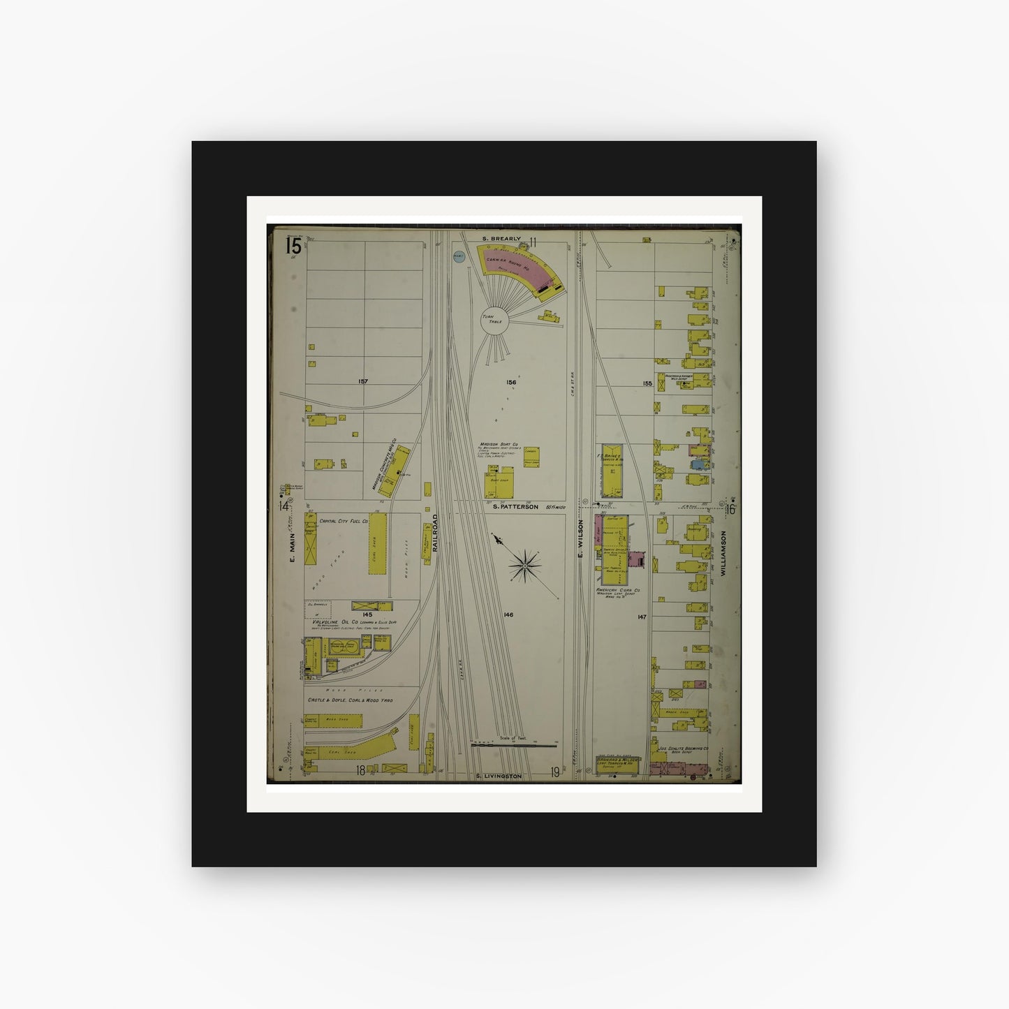 Old map wall art mockup — black gallery frame with white mat — Sanborn Fire Insurance Map from Madison, Dane County, Wisconsin (1908), Sheet #0015