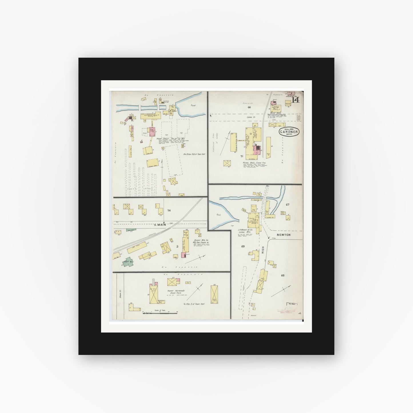 Old map wall art mockup — black gallery frame with white mat — Sanborn Fire Insurance Map from Gardner, Worcester County, Massachusetts (1895), Sheet #0014