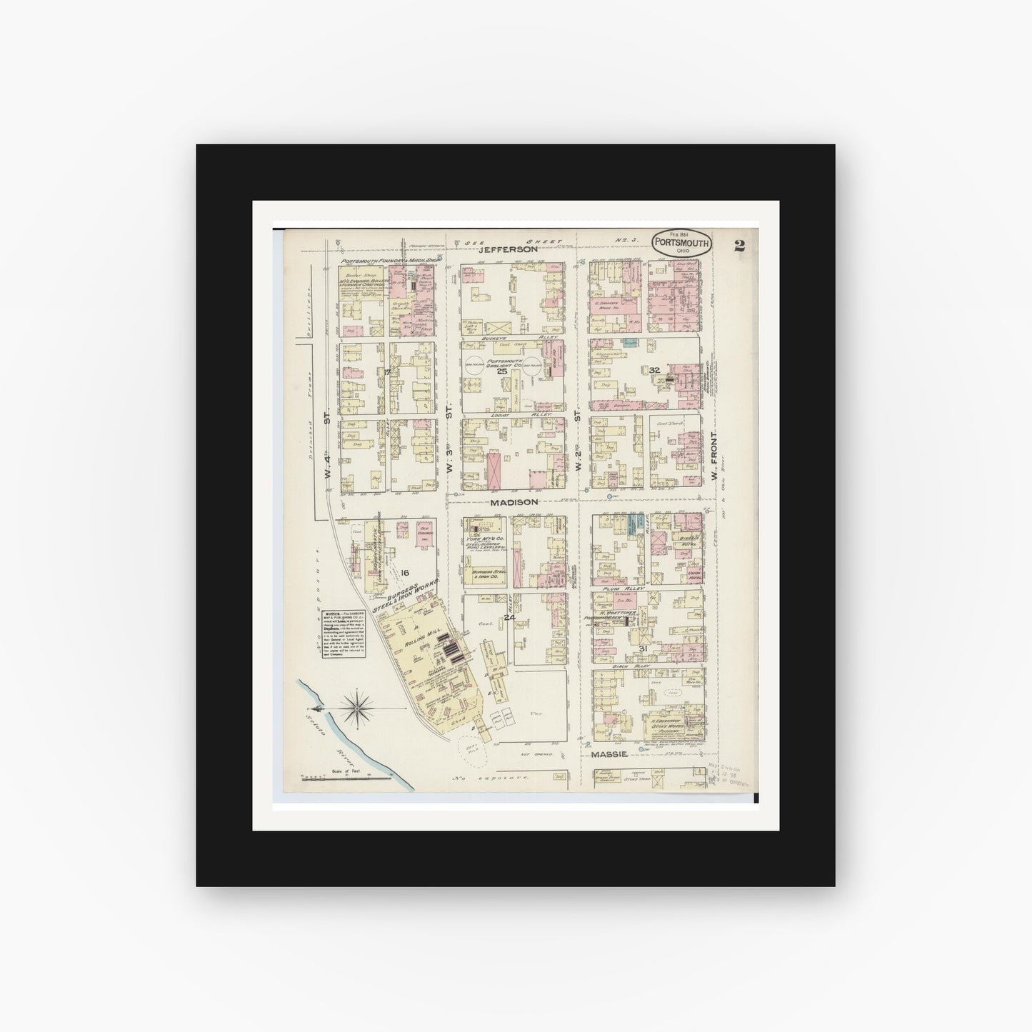 Old map wall art mockup — black gallery frame with white mat — Sanborn Fire Insurance Map from Portsmouth, Scioto County, Ohio (1884), Sheet #0002