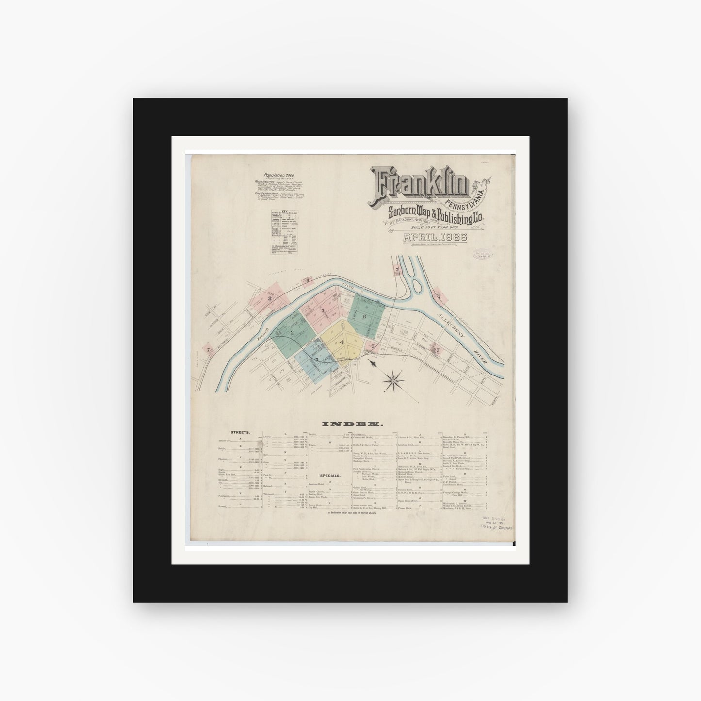 Old map wall art mockup — black gallery frame with white mat — Sanborn Fire Insurance Map from Franklin, Venango County, Pennsylvania (1888) - Complete Map Set