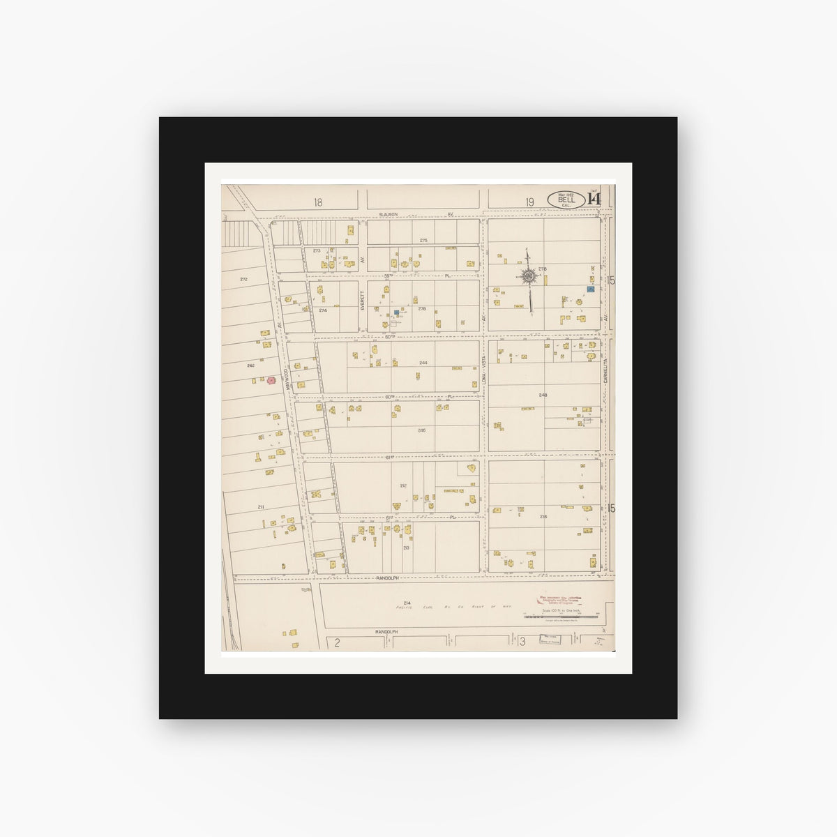 Old map wall art mockup — black gallery frame with white mat — Sanborn Fire Insurance Map from Bell, Los Angeles County, California (1922), Sheet #0014