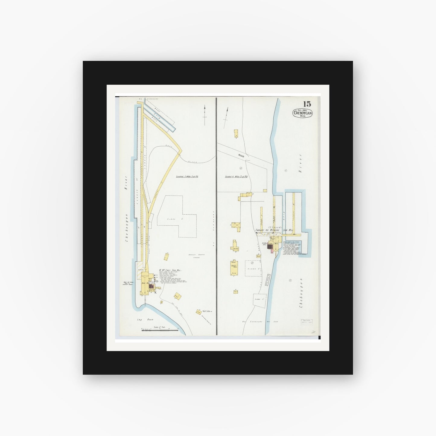 Old map wall art mockup — black gallery frame with white mat — Sanborn Fire Insurance Map from Cheboygan, Cheboygan County, Michigan (1900), Sheet #0015