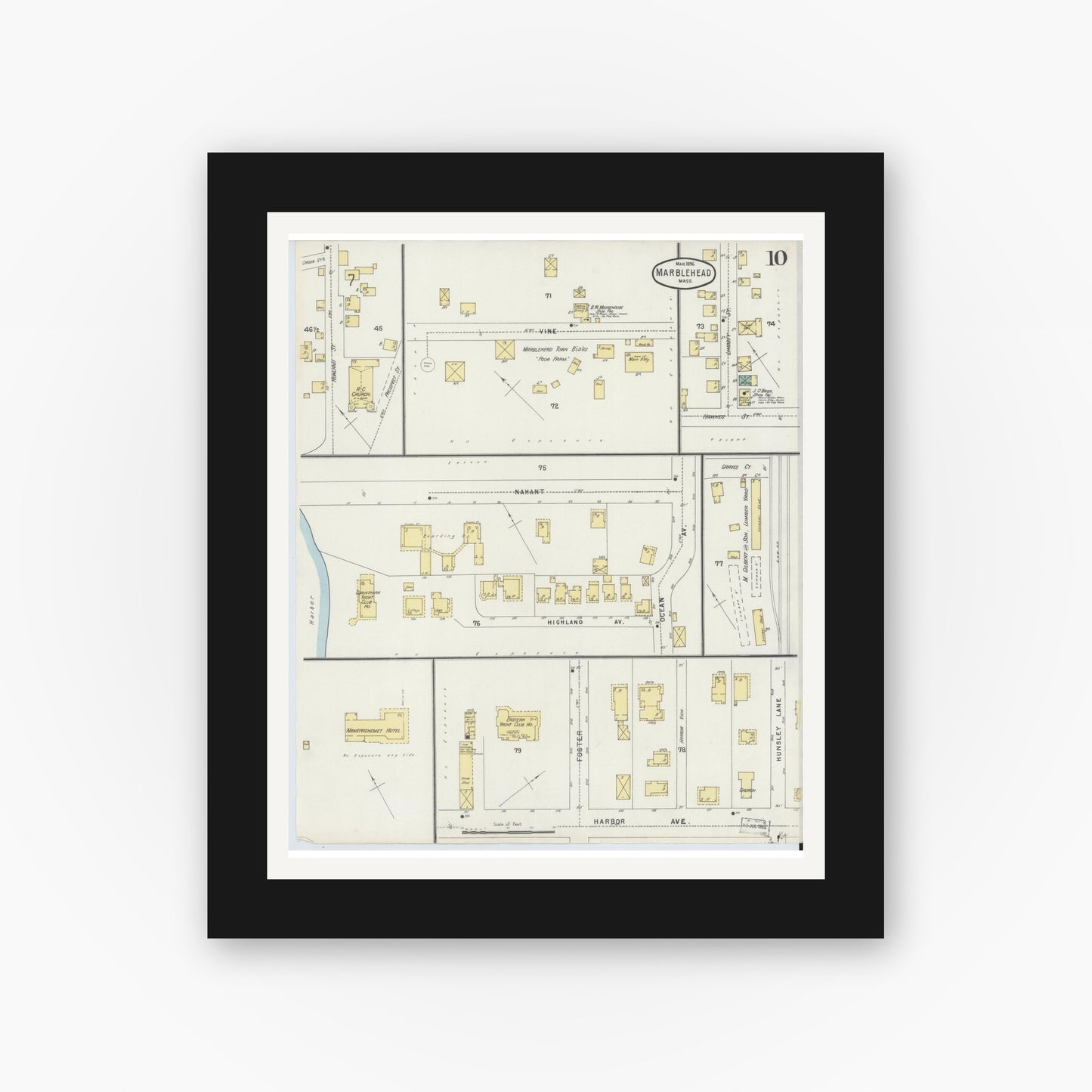 Old map wall art mockup — black gallery frame with white mat — Sanborn Fire Insurance Map from Marblehead, Essex County, Massachusetts (1896), Sheet #0010