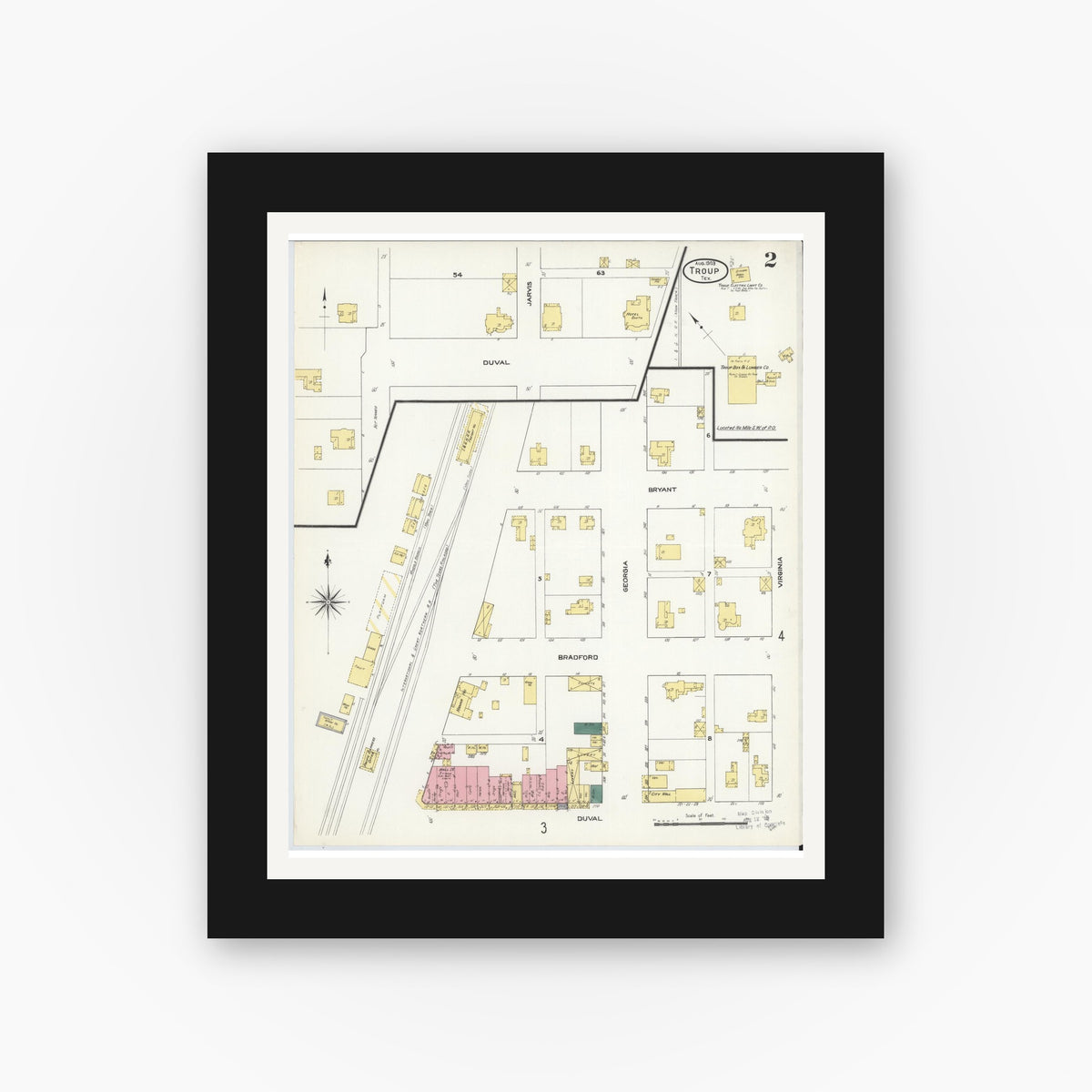 Old map wall art mockup — black gallery frame with white mat — Sanborn Fire Insurance Map from Troup, Smith County, Texas (1909), Sheet #0002