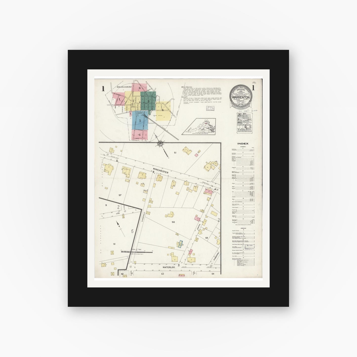 Old map wall art mockup — black gallery frame with white mat — Sanborn Fire Insurance Map from Warrenton, Fauquier County, Virginia (1924), Sheet #0001