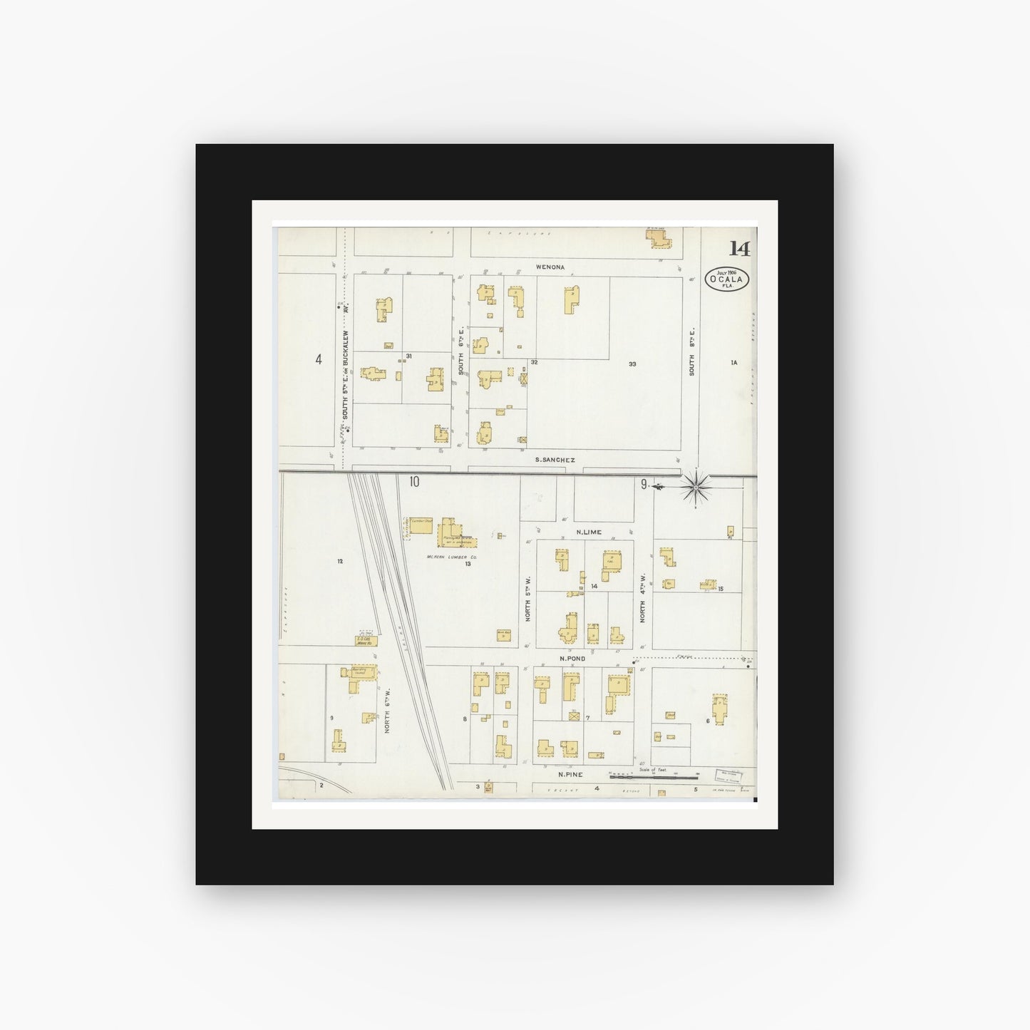 Old map wall art mockup — black gallery frame with white mat — Sanborn Fire Insurance Map from Ocala, Marion County, Florida (1906), Sheet #0014