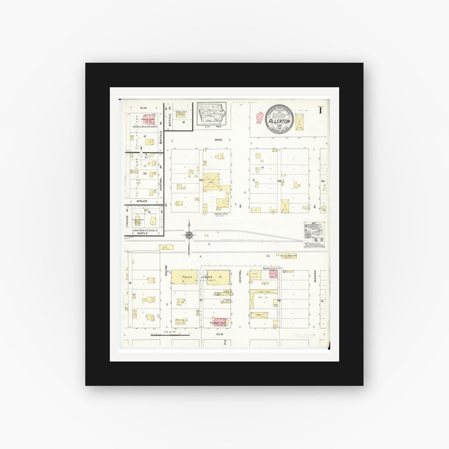Old map wall art mockup — black gallery frame with white mat — Sanborn Fire Insurance Map from Allerton, Wayne County, Iowa (1913) — Complete Set