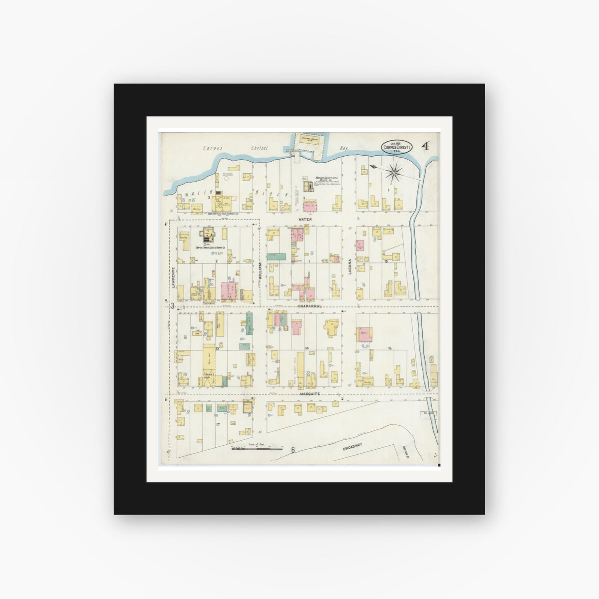 Old map wall art mockup — black gallery frame with white mat — Sanborn Fire Insurance Map from Corpus Christi, Nueces County, Texas (1906), Sheet #0004