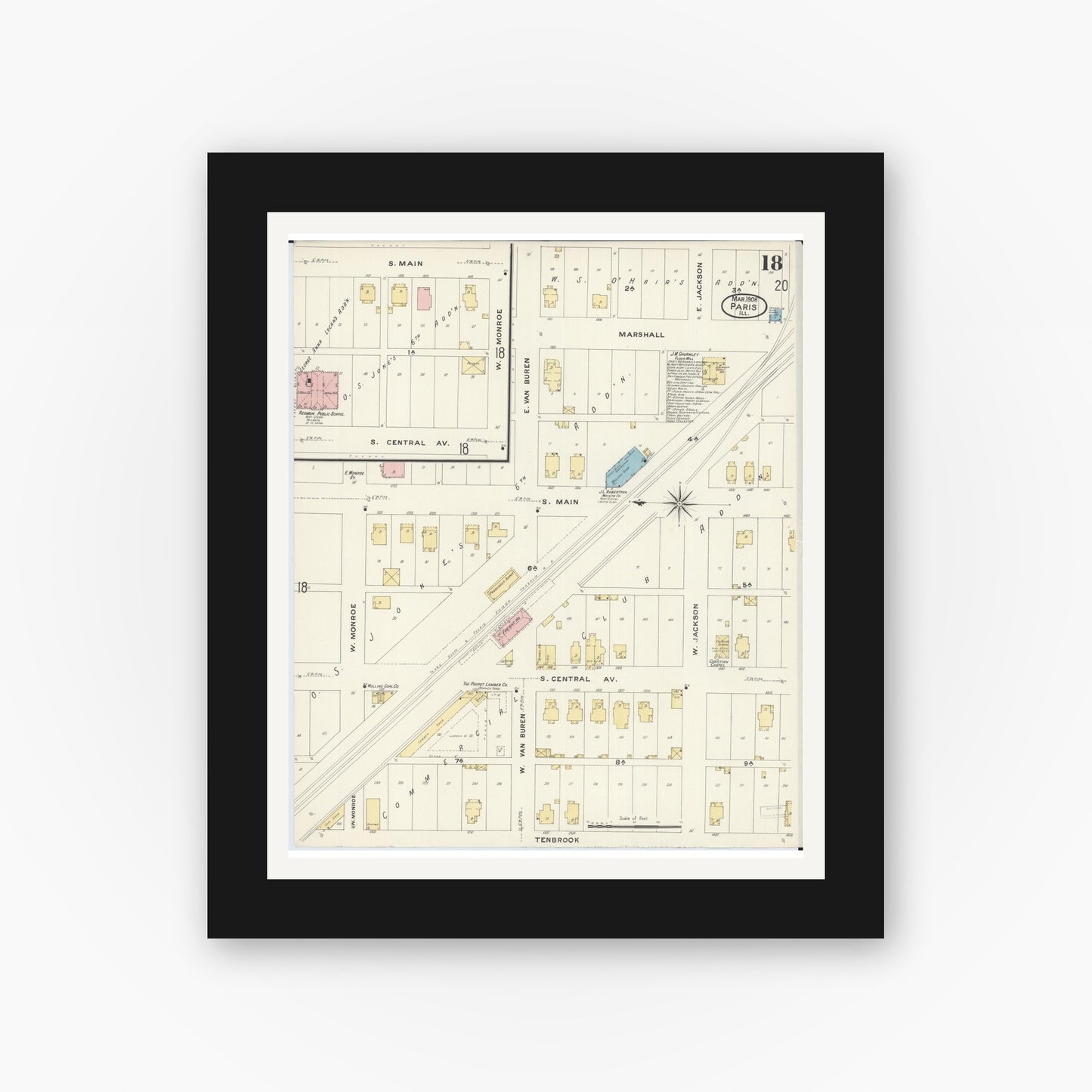 Old map wall art mockup — black gallery frame with white mat — Sanborn Fire Insurance Map from Paris, Edgar County, Illinois (1908), Sheet #0018