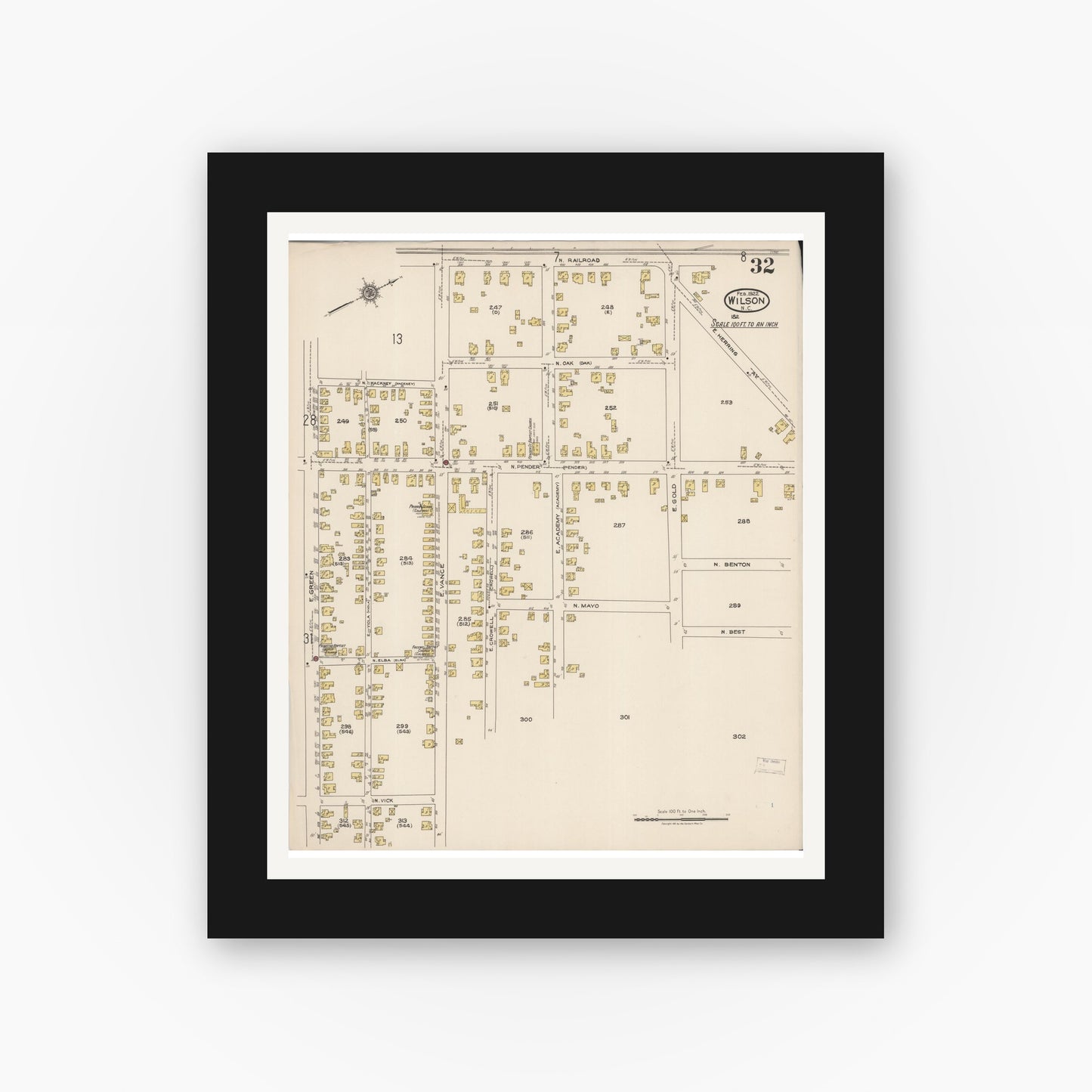 Old map wall art mockup — black gallery frame with white mat — Sanborn Fire Insurance Map from Wilson, Wilson County, North Carolina (1922), Sheet #0032