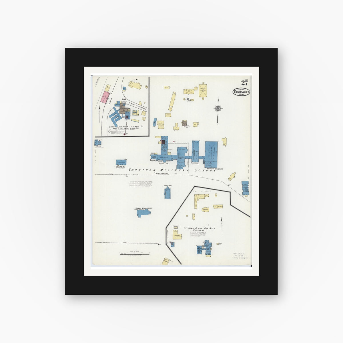 Old map wall art mockup — black gallery frame with white mat — Sanborn Fire Insurance Map from Faribault, Rice County, Minnesota (1921), Sheet #0027