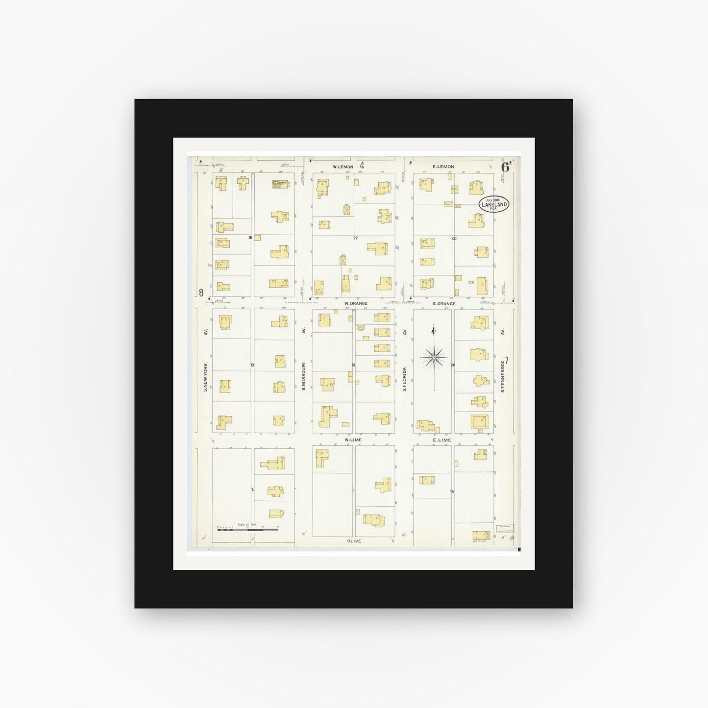 Old map wall art mockup — black gallery frame with white mat — Sanborn Fire Insurance Map from Lakeland, Polk County, Florida (1908), Sheet #0006