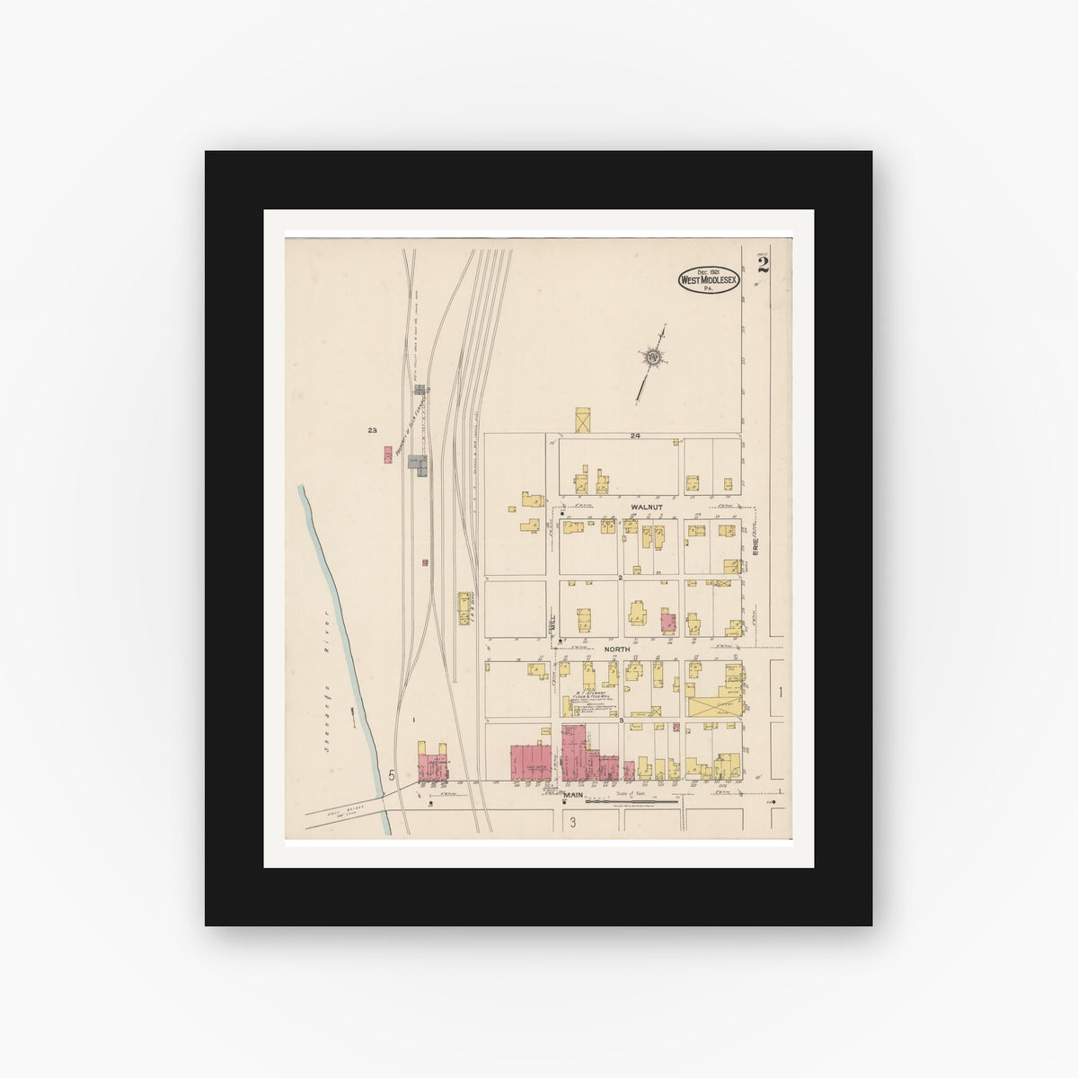 Old map wall art mockup — black gallery frame with white mat — Sanborn Fire Insurance Map from West Middlesex, Mercer County, Pennsylvania (1921), Sheet #0002