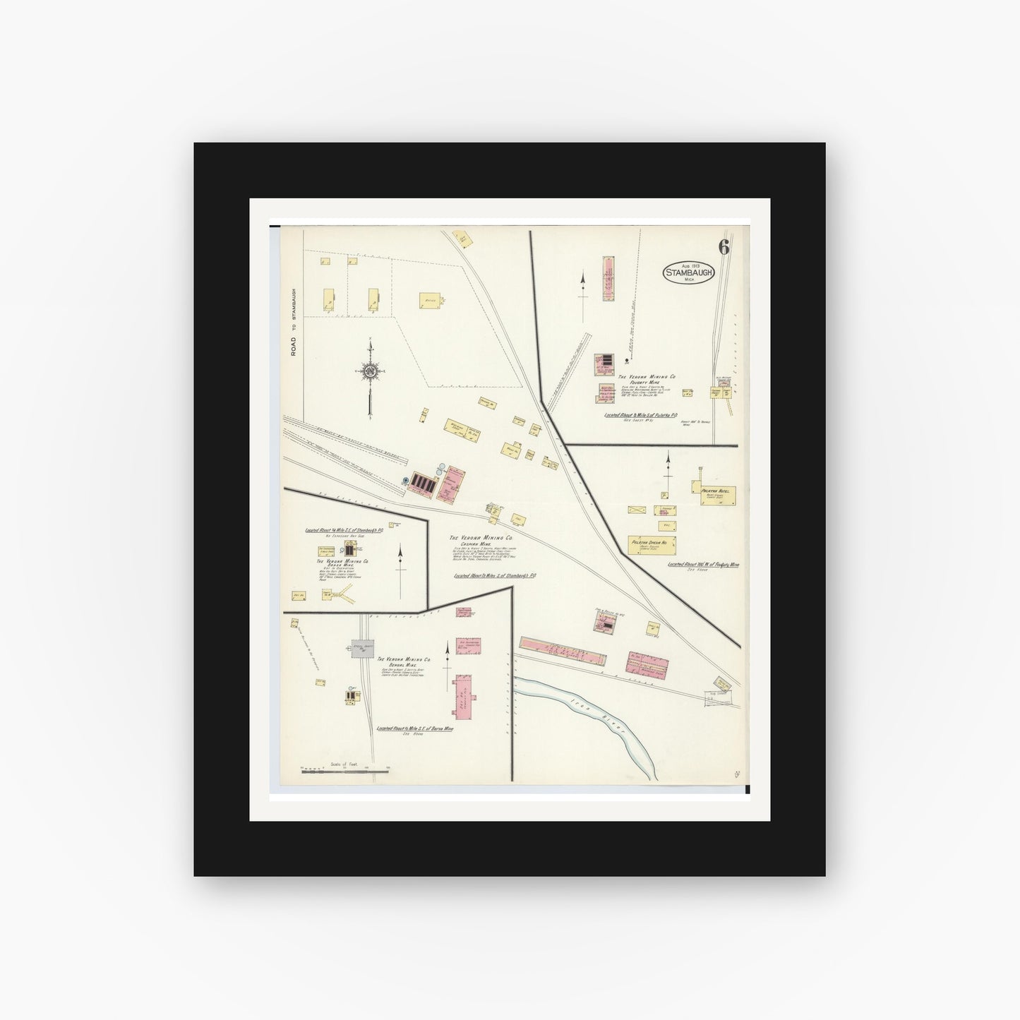 Old map wall art mockup — black gallery frame with white mat — Sanborn Fire Insurance Map from Stambaugh, Iron County, Michigan (1913), Sheet #0006