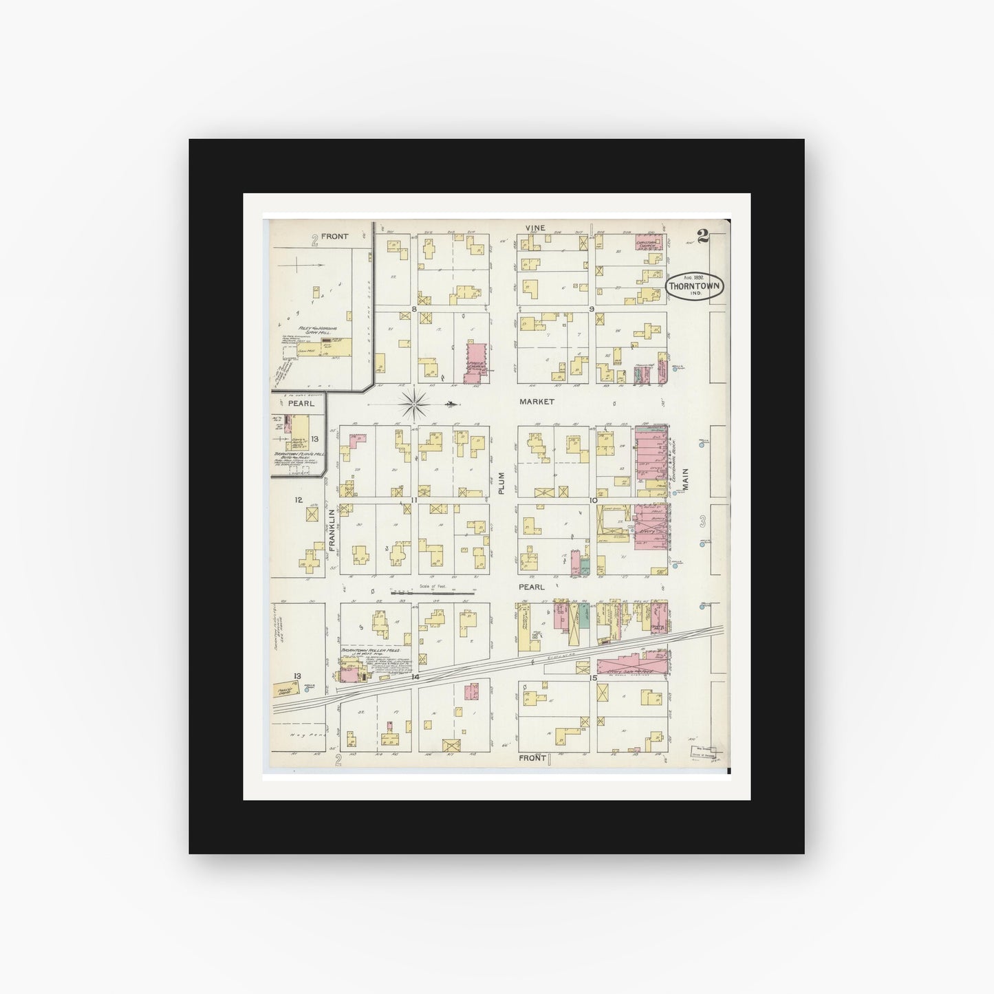 Old map wall art mockup — black gallery frame with white mat — Sanborn Fire Insurance Map from Thorntown, Boone County, Indiana (1892), Sheet #0002