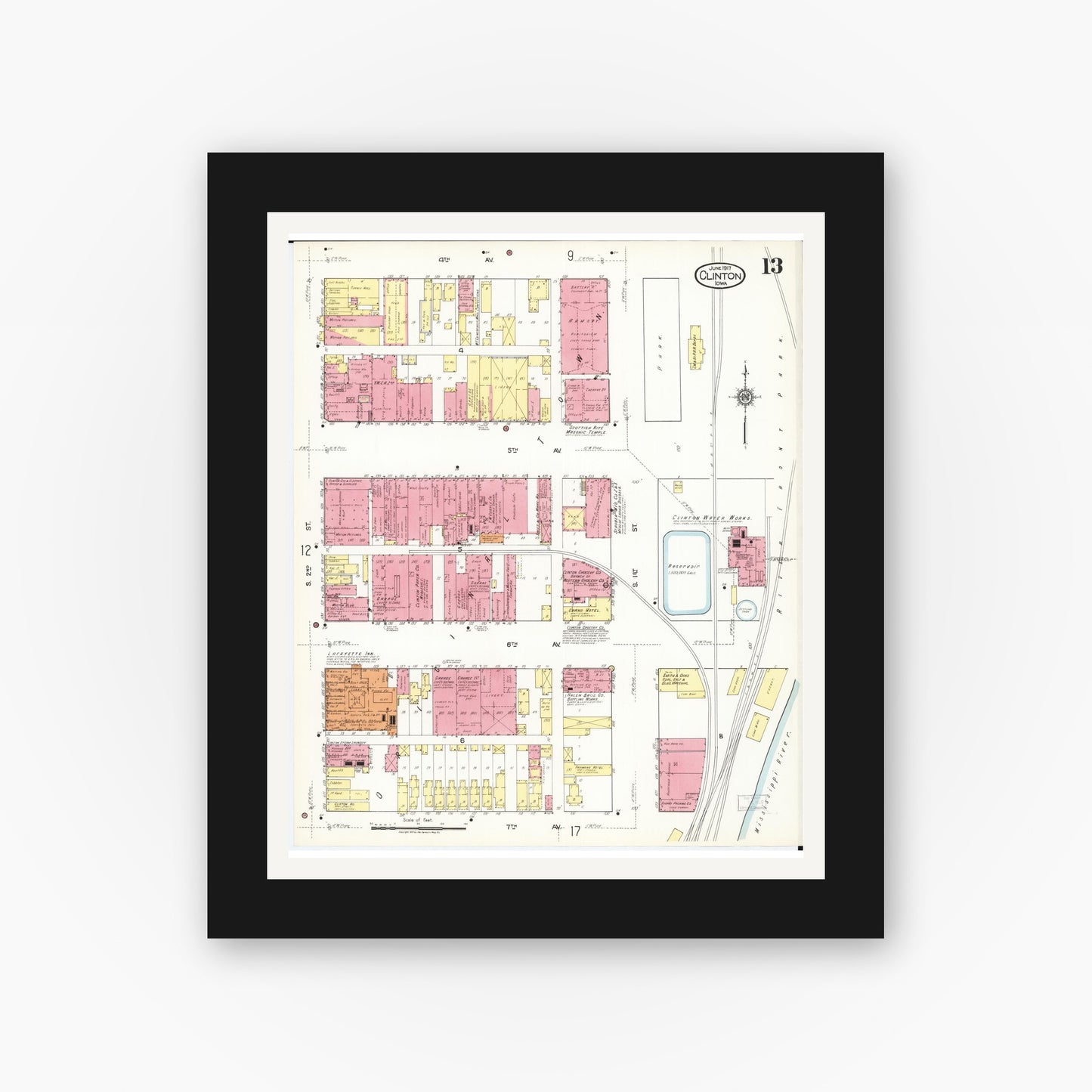 Old map wall art mockup — black gallery frame with white mat — Sanborn Fire Insurance Map from Clinton, Clinton County, Iowa (1917), Sheet #0013