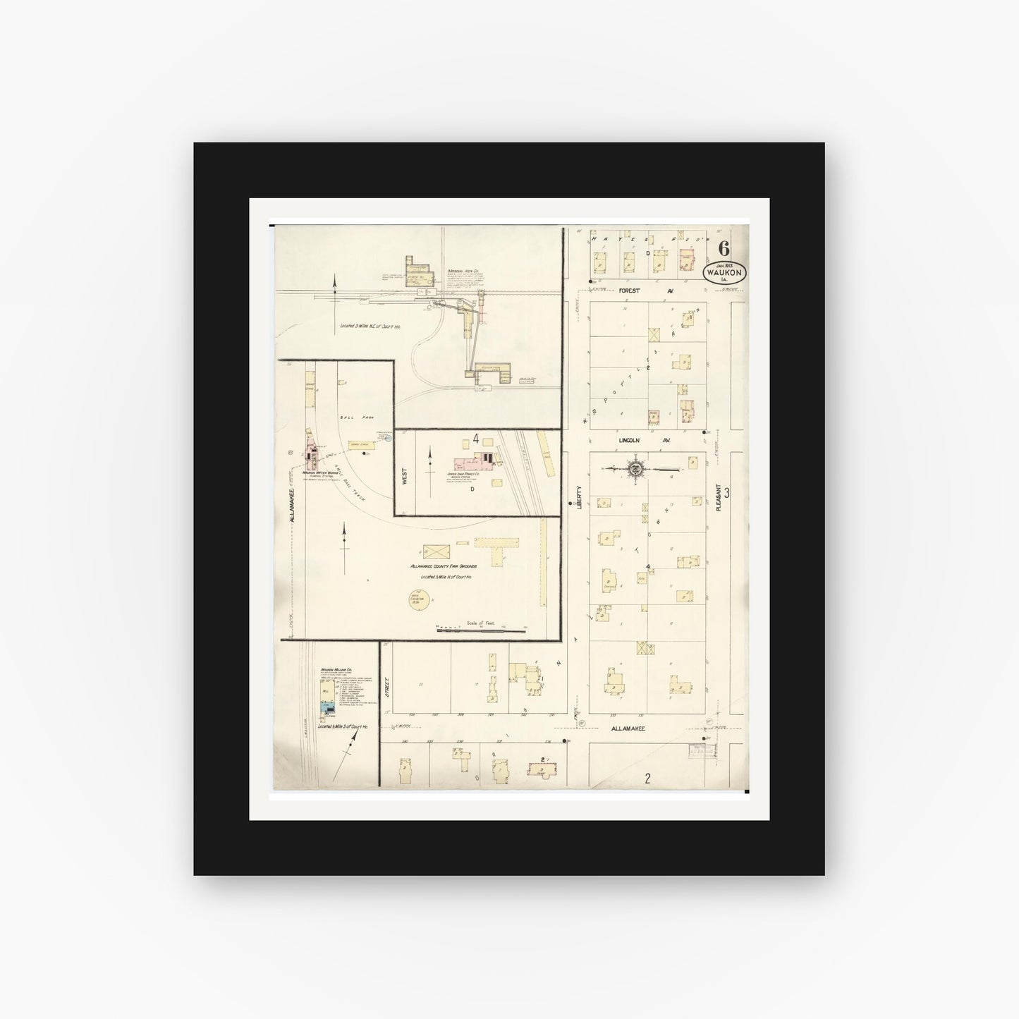 Old map wall art mockup — black gallery frame with white mat — Sanborn Fire Insurance Map from Waukon, Allamakee County, Iowa (1913), Sheet #0006
