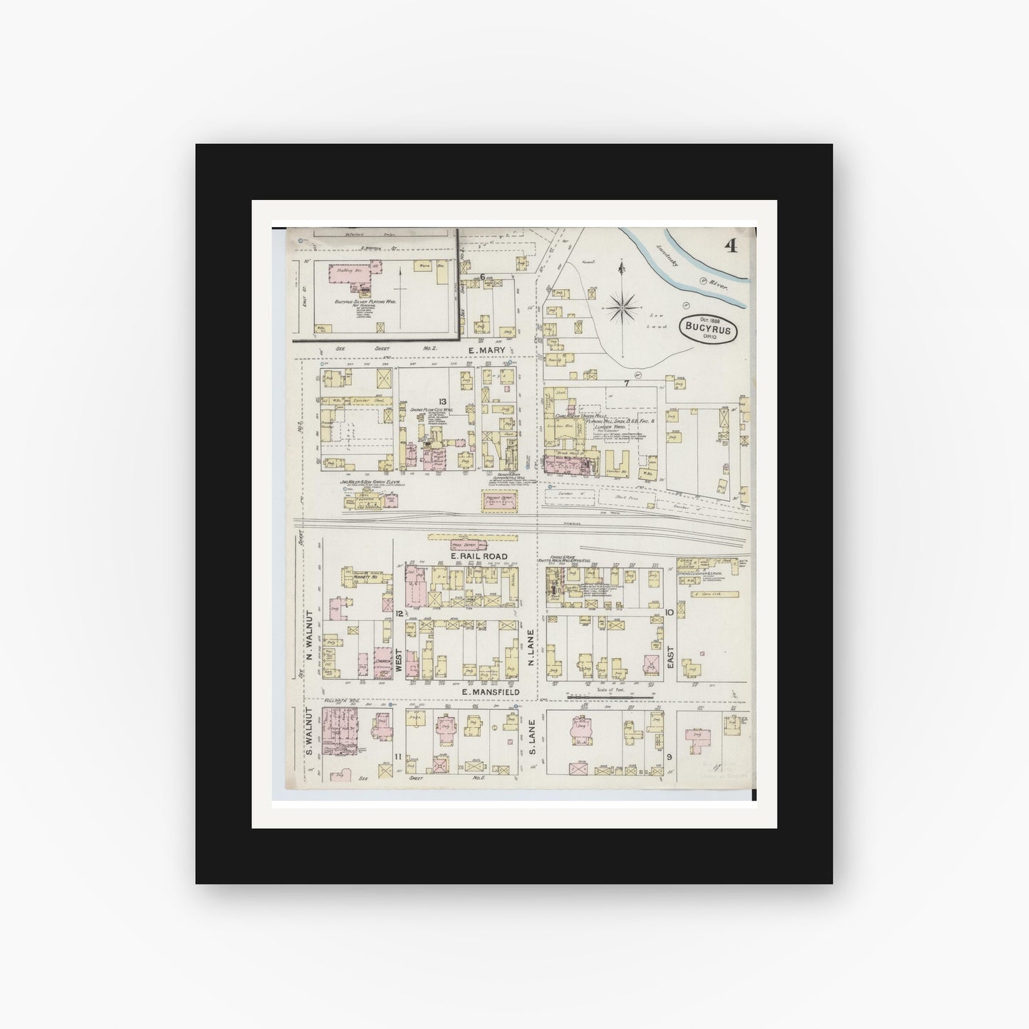Old map wall art mockup — black gallery frame with white mat — Sanborn Fire Insurance Map from Bucyrus, Crawford County, Ohio (1888), Sheet #0004