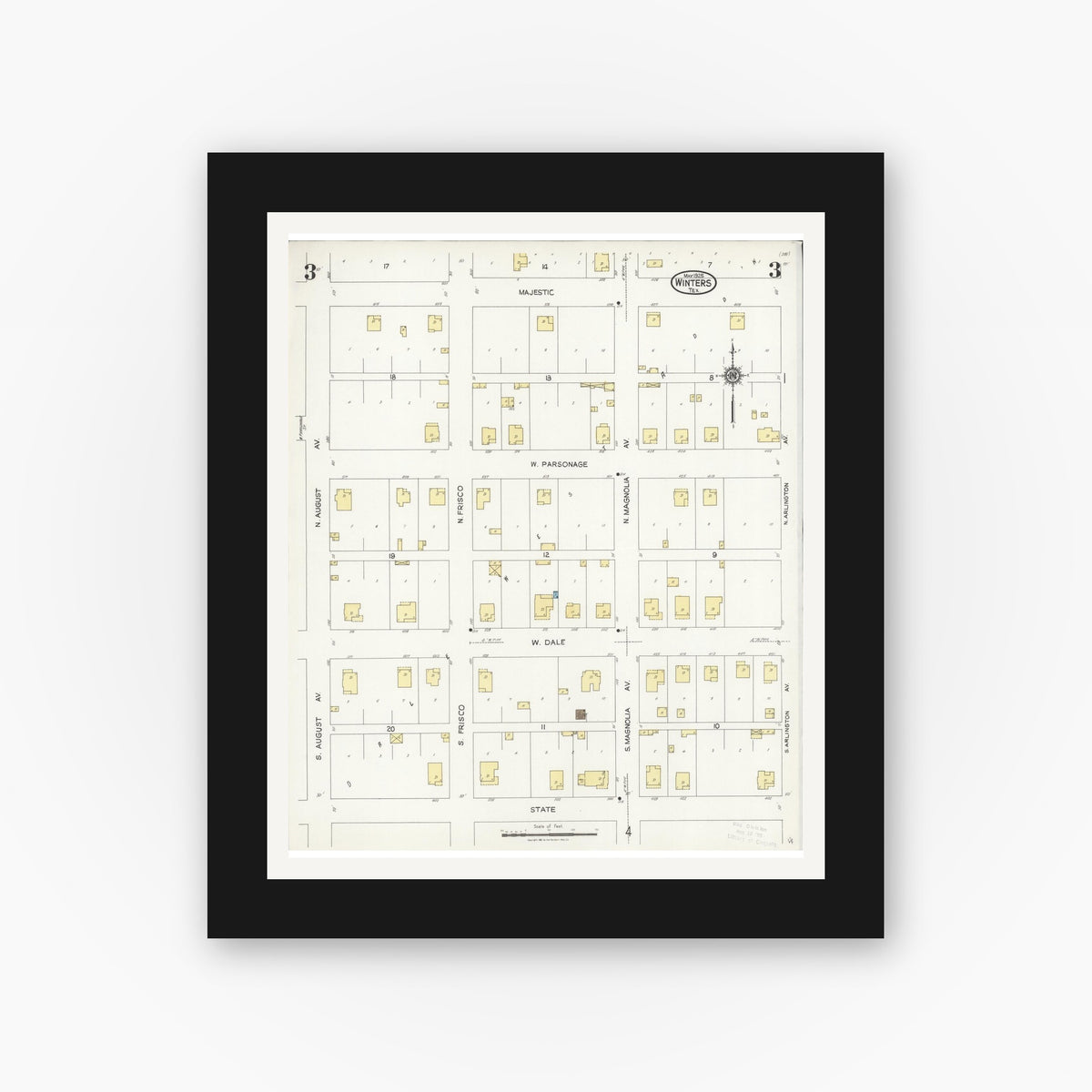 Old map wall art mockup — black gallery frame with white mat — Sanborn Fire Insurance Map from Winters, Runnels County, Texas (1925), Sheet #0003