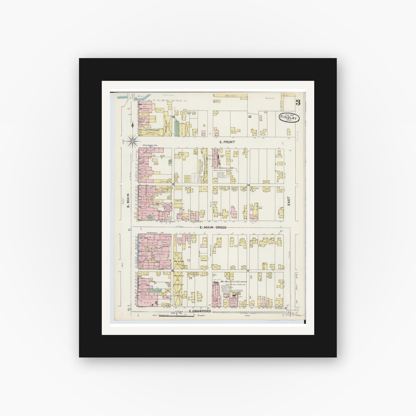 Old map wall art mockup — black gallery frame with white mat — Sanborn Fire Insurance Map from Findlay, Hancock County, Ohio (1890), Sheet #0003
