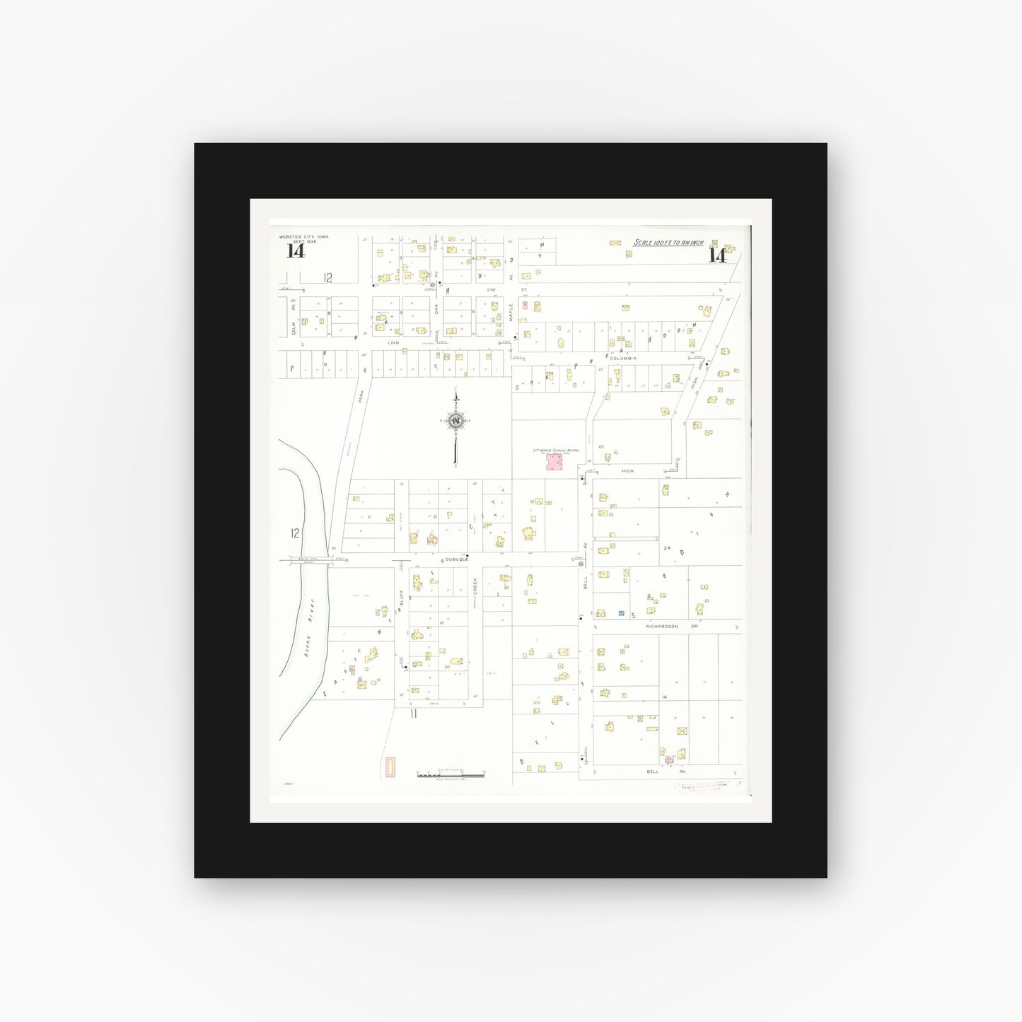 Old map wall art mockup — black gallery frame with white mat — Sanborn Fire Insurance Map from Webster City, Hamilton County, Iowa (1938), Sheet #0014