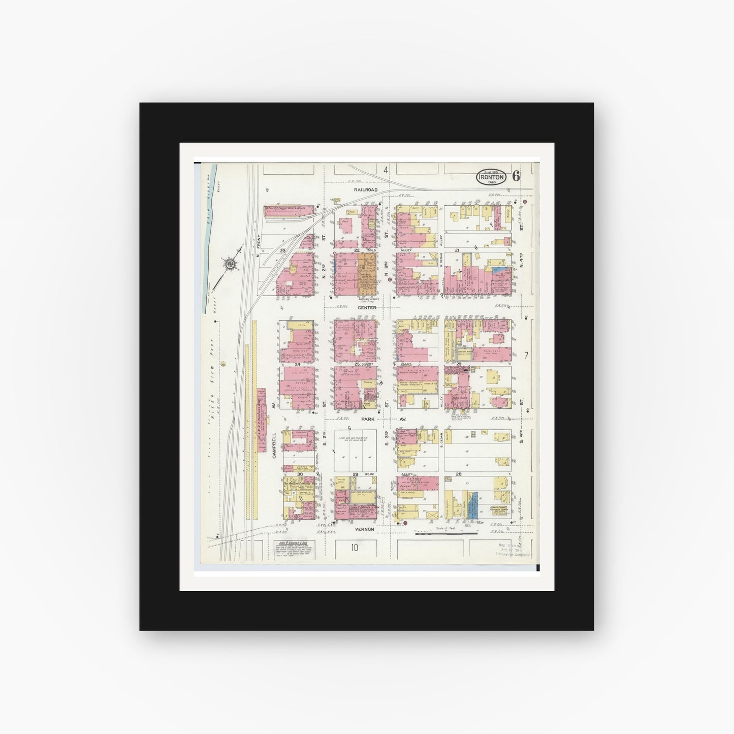 Old map wall art mockup — black gallery frame with white mat — Sanborn Fire Insurance Map from Ironton, Lawrence County, Ohio (1916), Sheet #0006