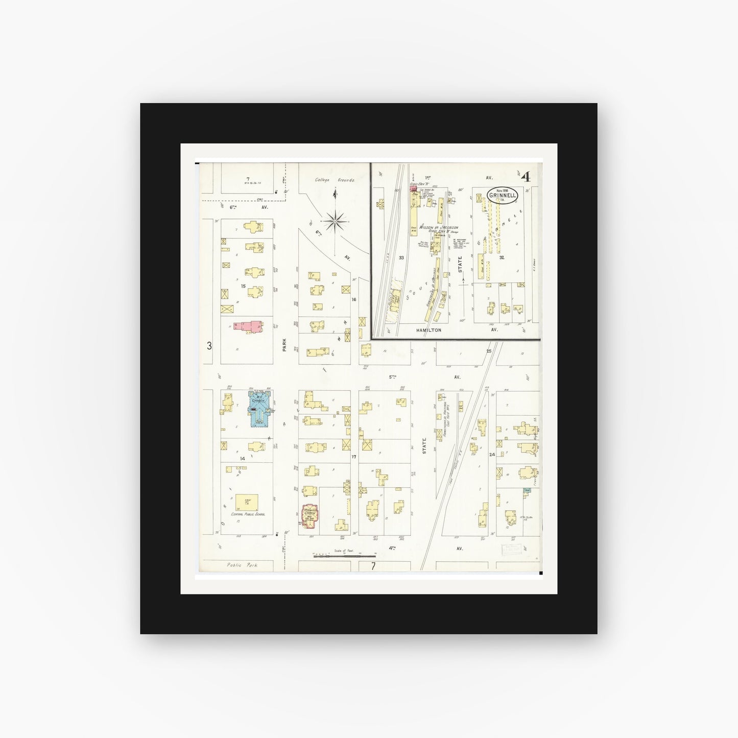 Old map wall art mockup — black gallery frame with white mat — Sanborn Fire Insurance Map from Grinnell, Poweshiek County, Iowa (1898), Sheet #0004