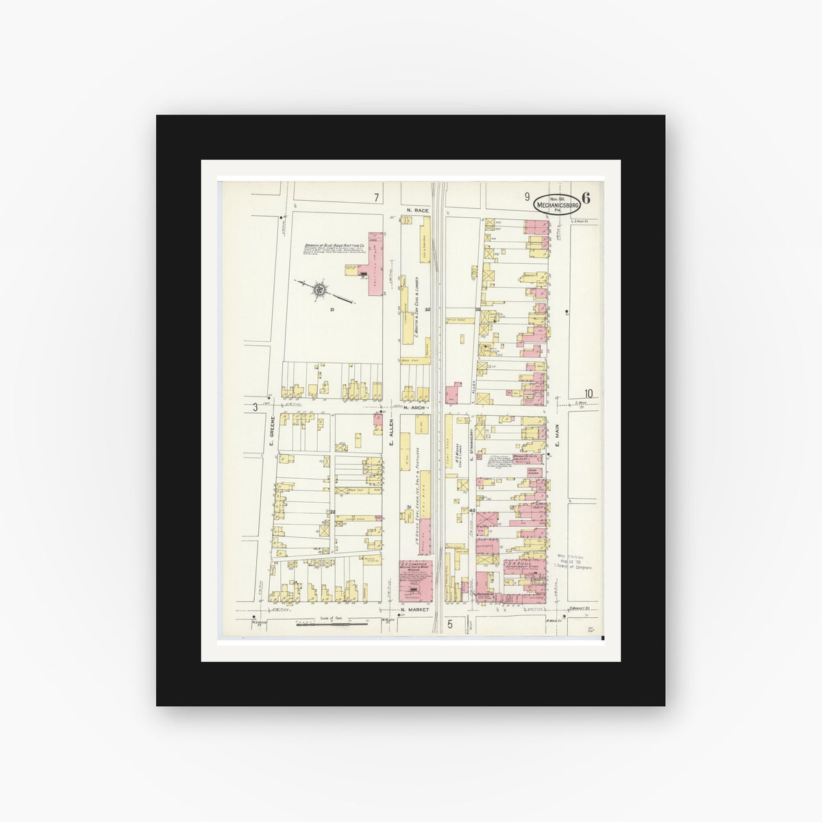 Old map wall art mockup — black gallery frame with white mat — Sanborn Fire Insurance Map from Mechanicsburg, Cumberland County, Pennsylvania (1911), Sheet #0006
