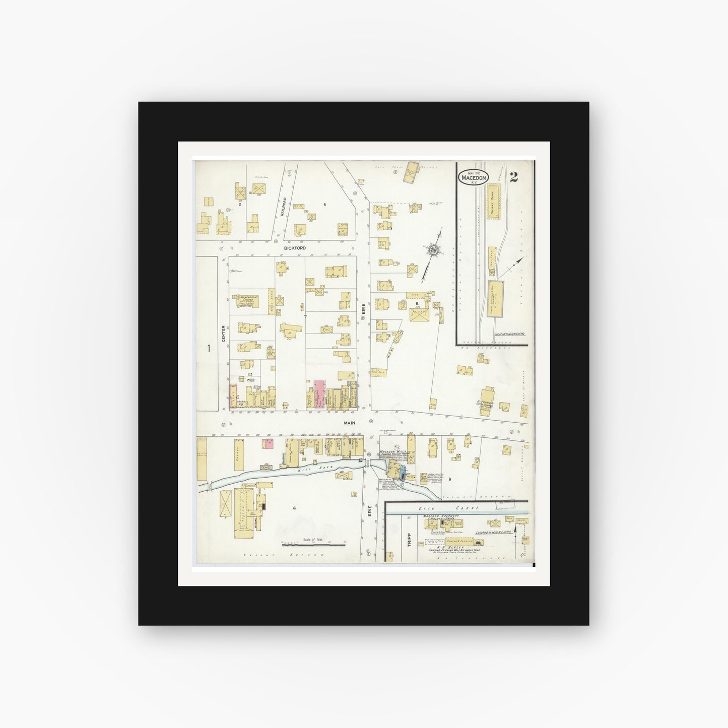 Old map wall art mockup — black gallery frame with white mat — Sanborn Fire Insurance Map from Macedon, Wayne County, New York (1912), Sheet #0002