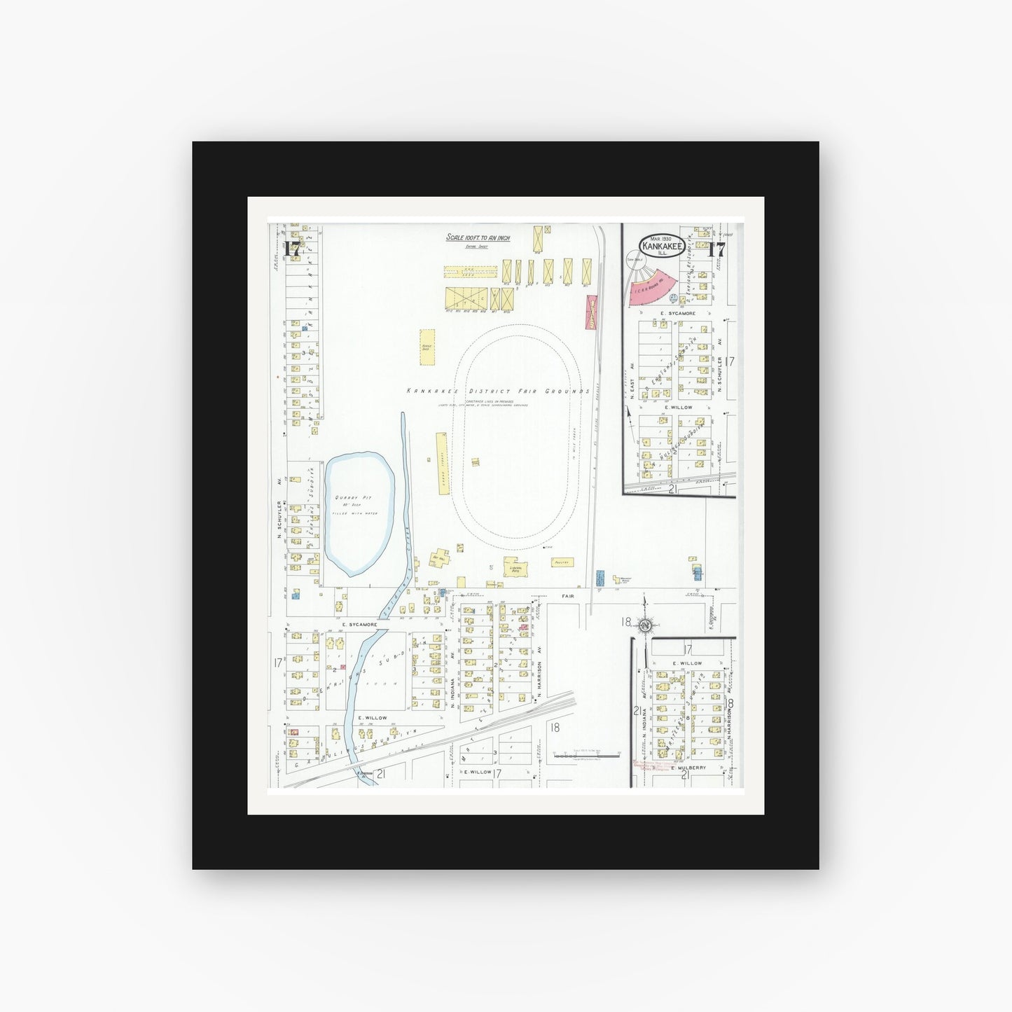 Old map wall art mockup — black gallery frame with white mat — Sanborn Fire Insurance Map from Kankakee, Kankakee County, Illinois (1930), Sheet #0017