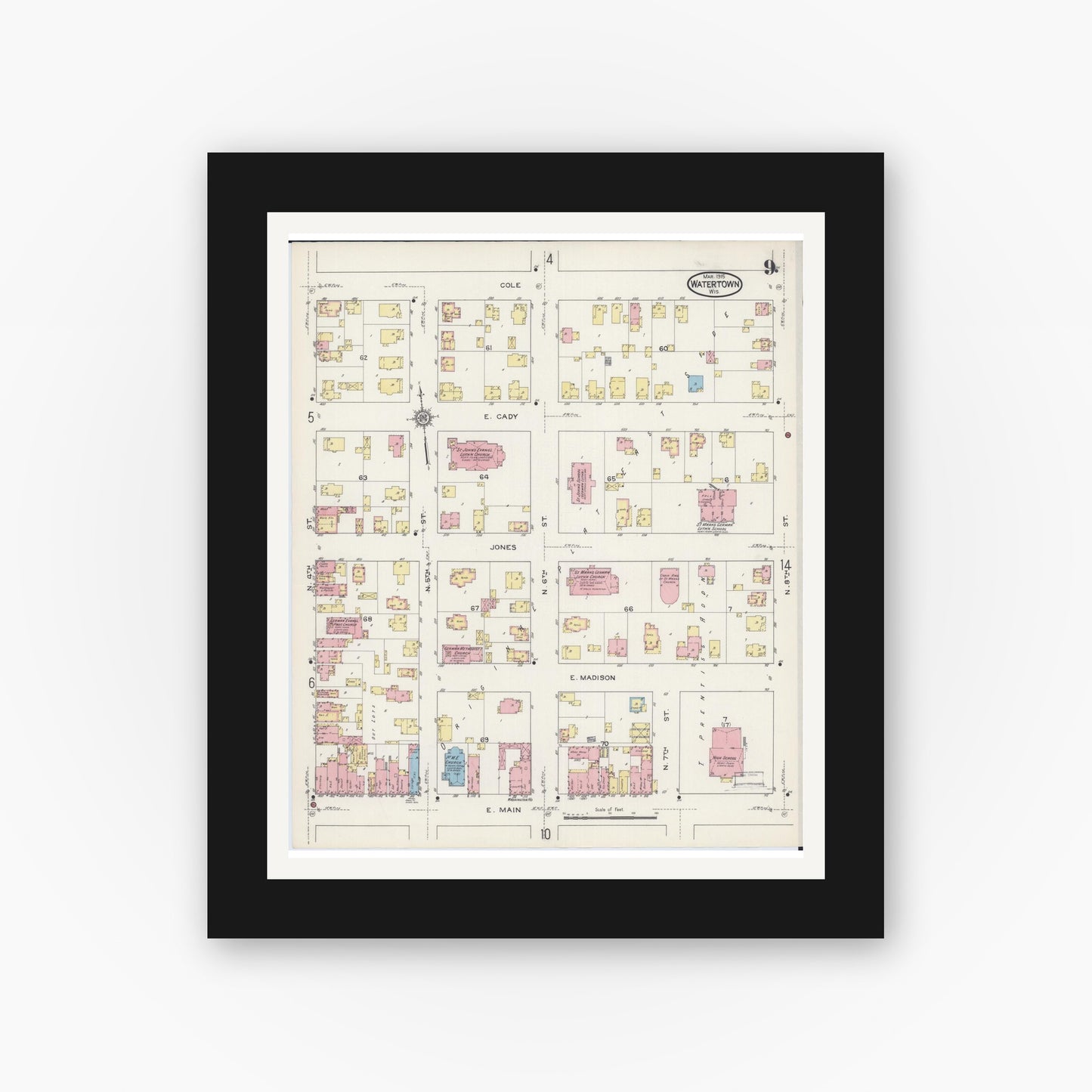 Old map wall art mockup — black gallery frame with white mat — Sanborn Fire Insurance Map from Watertown, Jefferson County, Wisconsin (1915), Sheet #0010