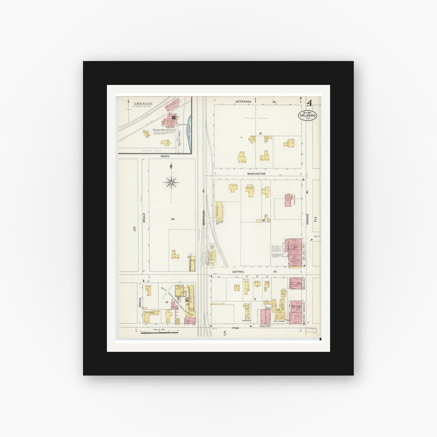 Old map wall art mockup — black gallery frame with white mat — Sanborn Fire Insurance Map from Orlando, Orange County, Florida (1903), Sheet #0004
